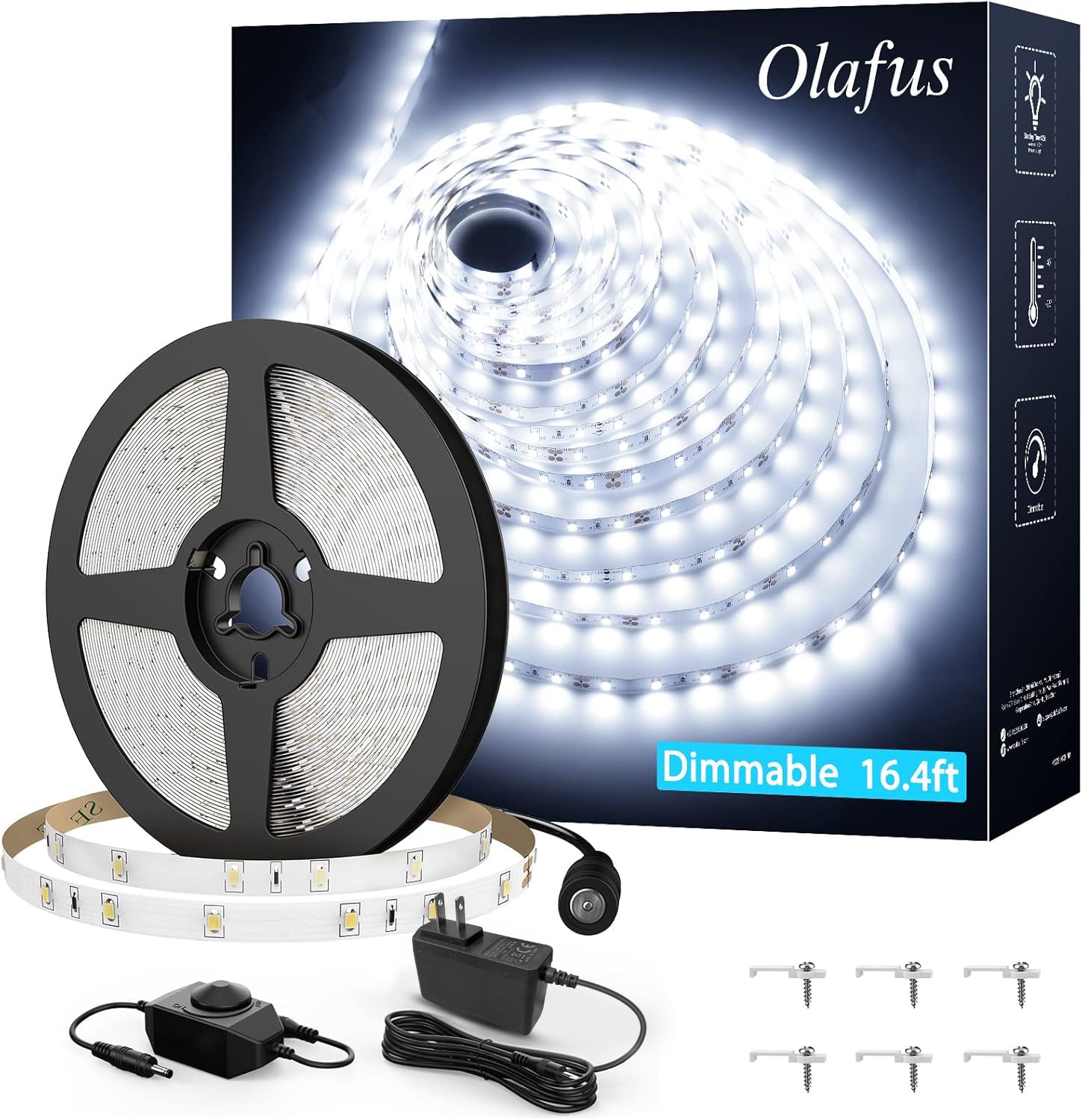 Olafus Dimmable Led Strip Lights, 16.4Ft Daylight White, 300 Leds, Ul Listed, Flexible Vanity Mirror Lighting, Model La-97Dtdw-Us01-N-B