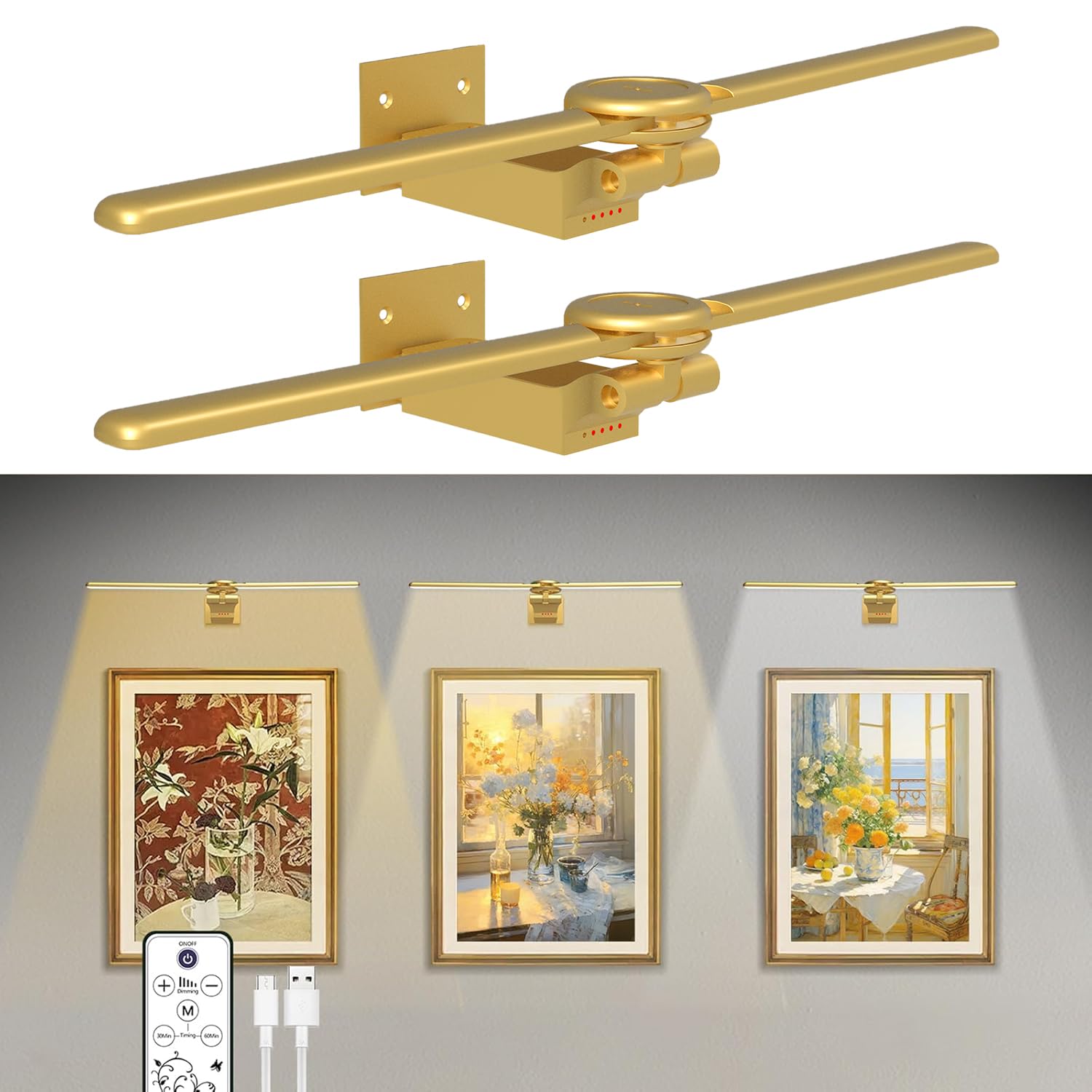 2 Pack Picture Light for Wall, 18in Rechargeable Wall Art Light with Timer and Dimmable, Battery Operated Painting Frame Light w