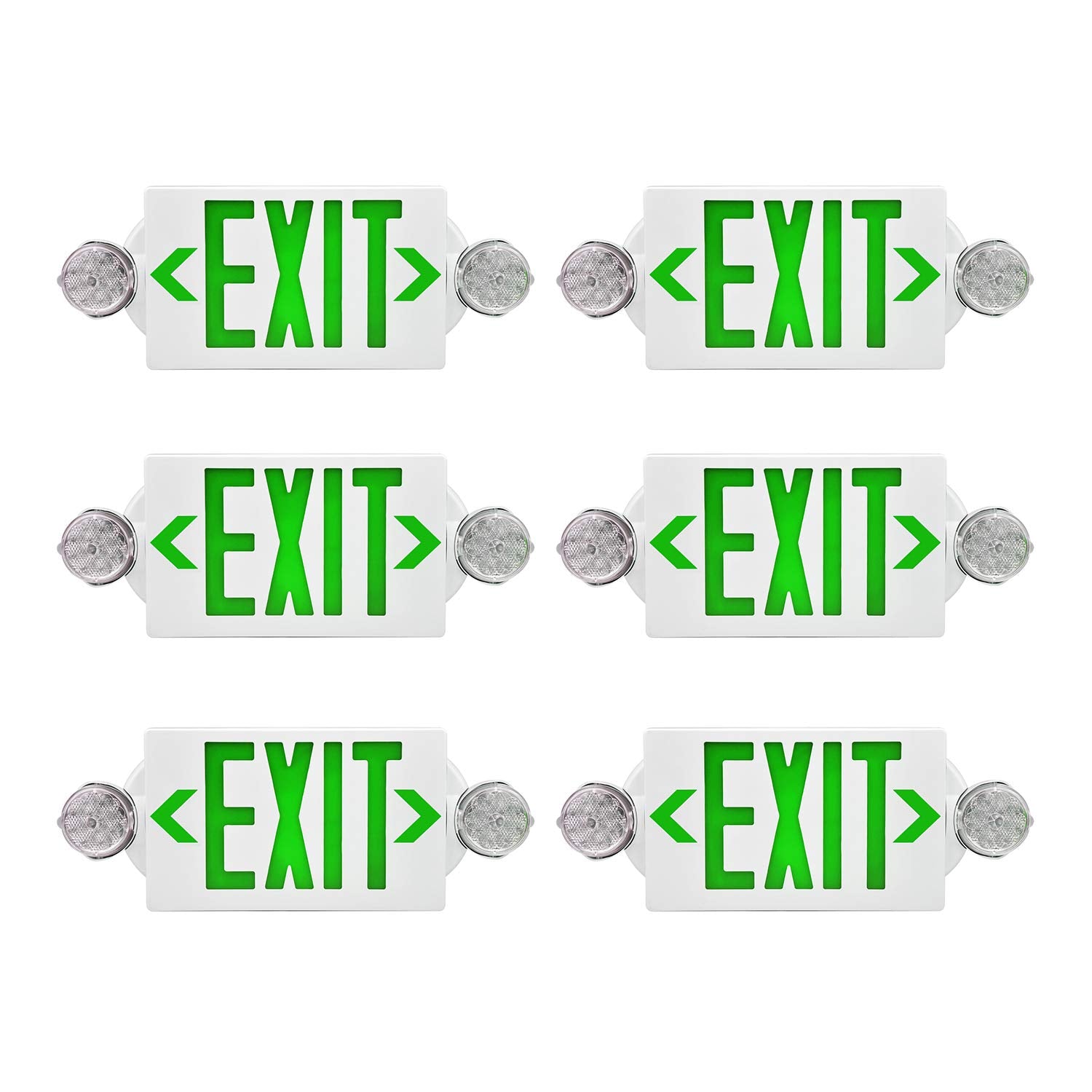Akt Lighting Led Emergency Light & Exit Sign Combo, Green Exit Sign, Ul Certified Emergency Exit Light, Adjustable Lamps With Back-Up Battery For Business (Green, 6 Pack)