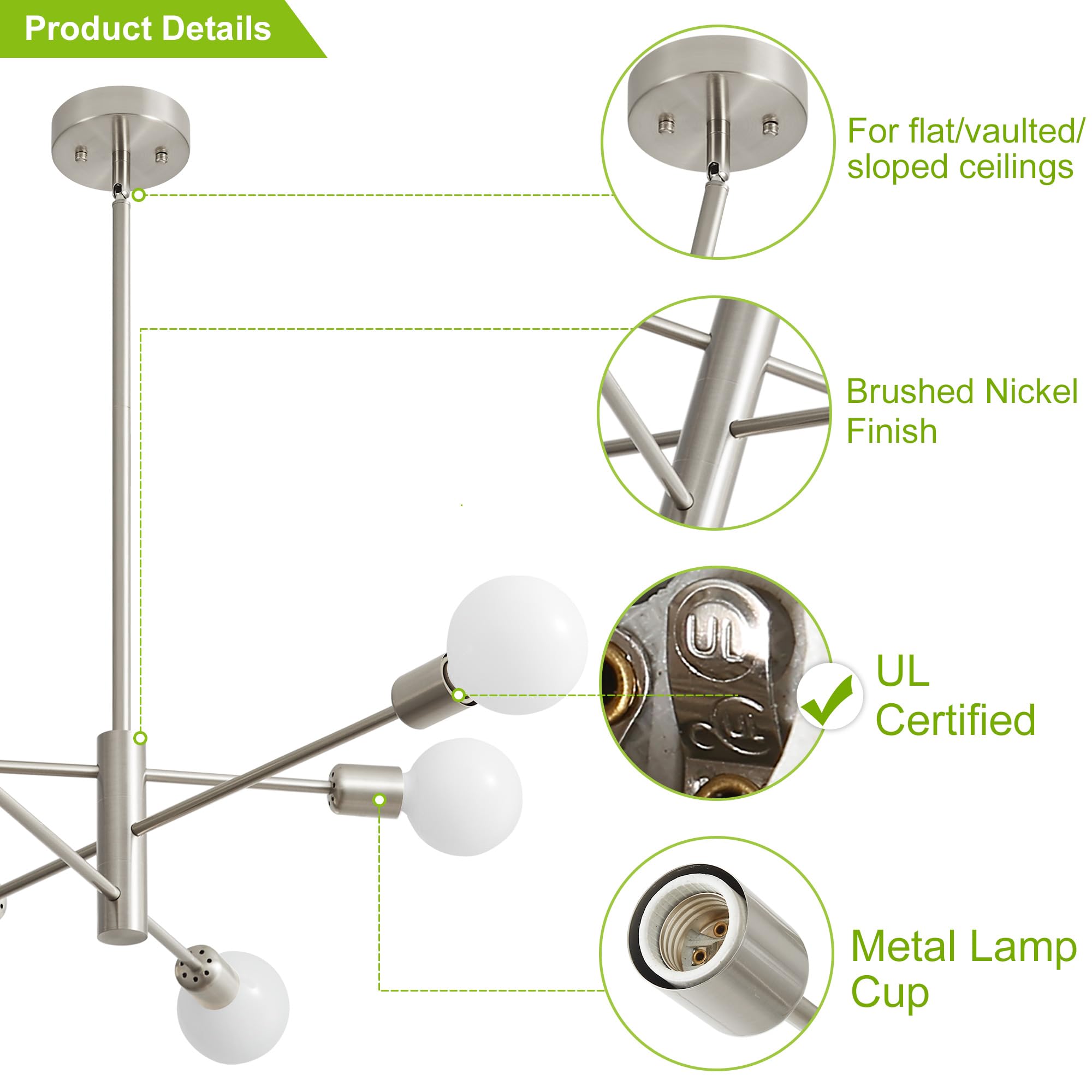 Deyidn Sputnik Chandelier Modern Brushed Nickel Chandeliers 6-Light Mid Century Ceiling Lighting Fixture For Living Room, Kitche