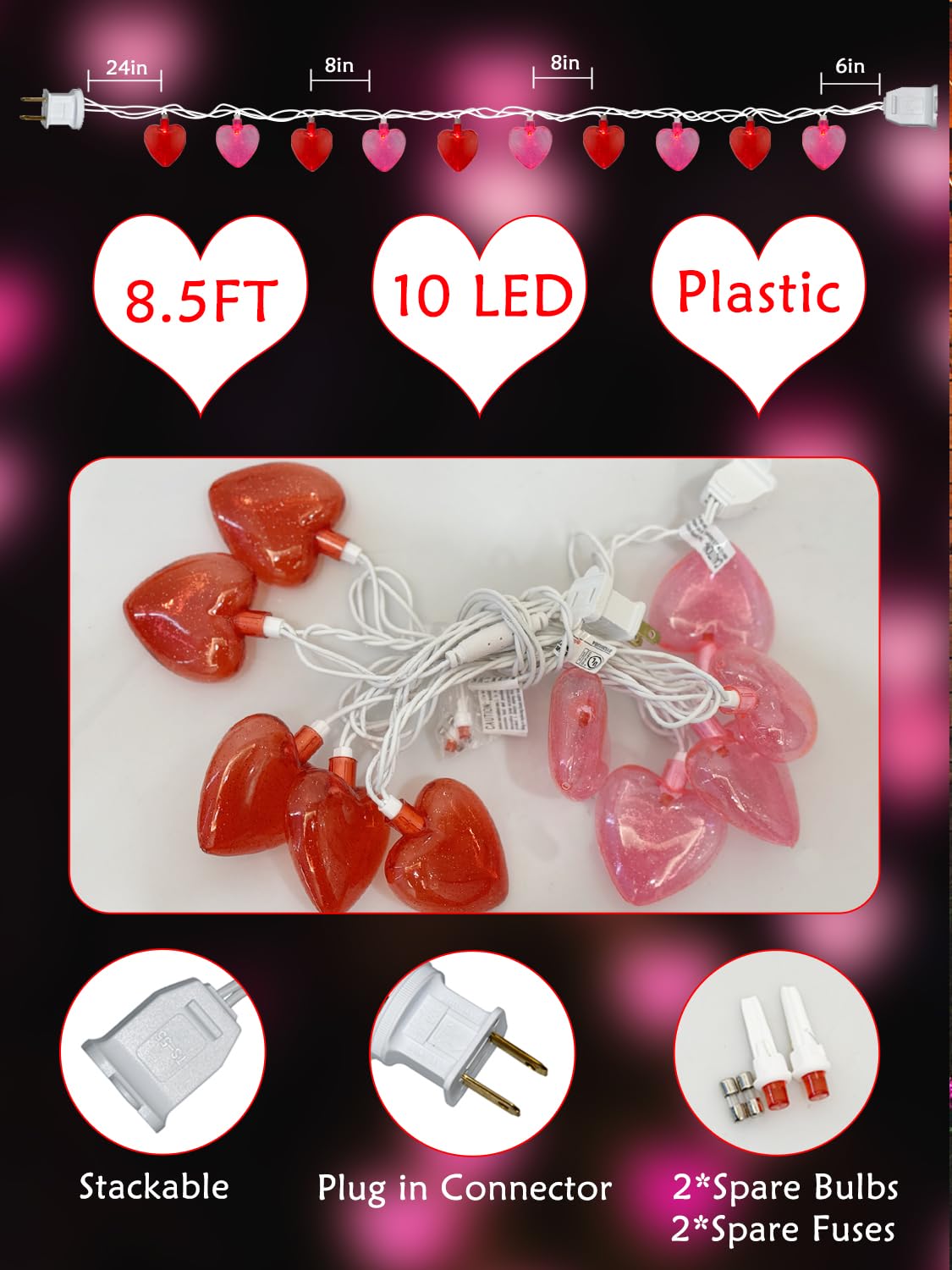 Sunsgne Heart String Lights, 8.5Ft Valentines Lights With 10 Led Red And Pink Heart Bulbs, Plug In Fairy Lights For Indoor Outdo