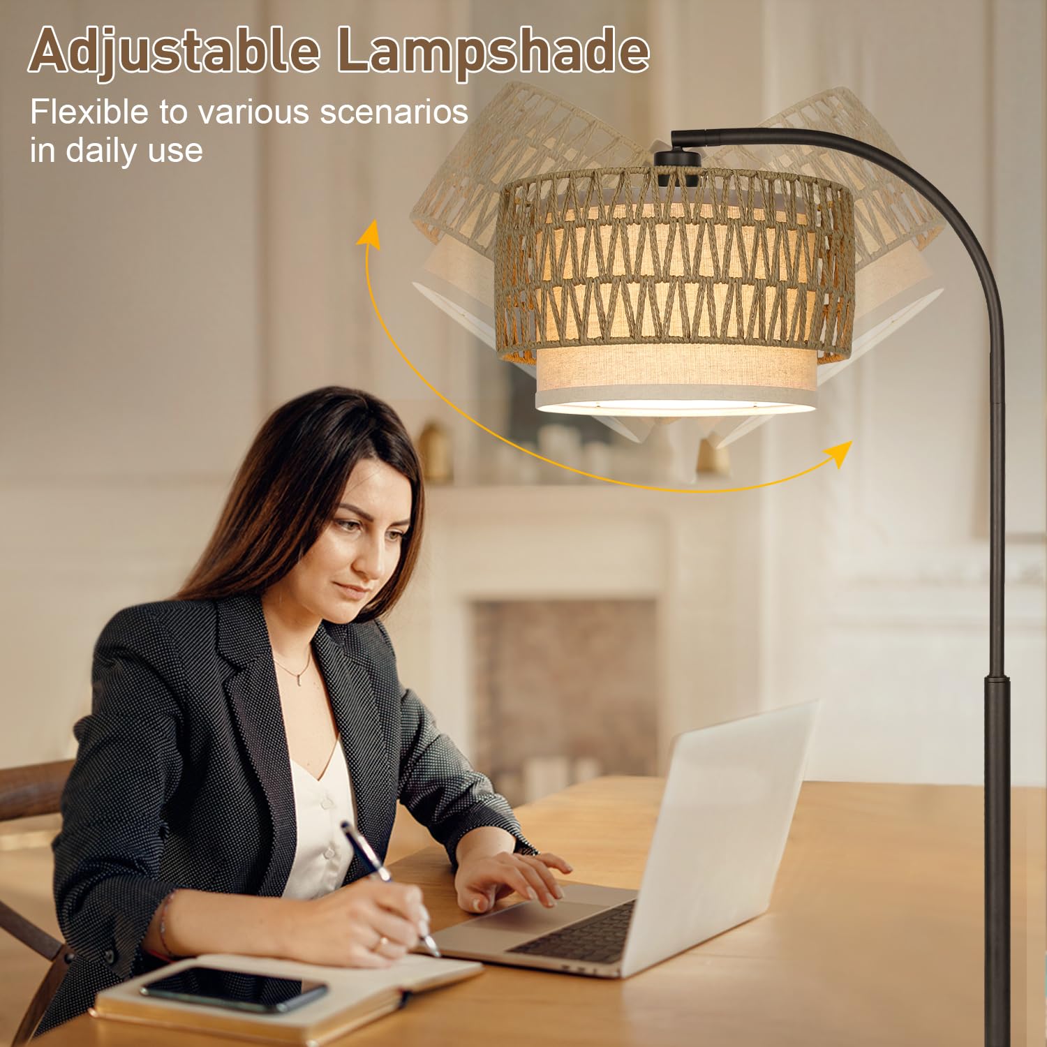 Arc Floor Lamp Black, Boho Floor Lamps For Living Room, Dimmable Standing Tall Lamps With Rattan Fabric Shade, Modern Floor Lamp