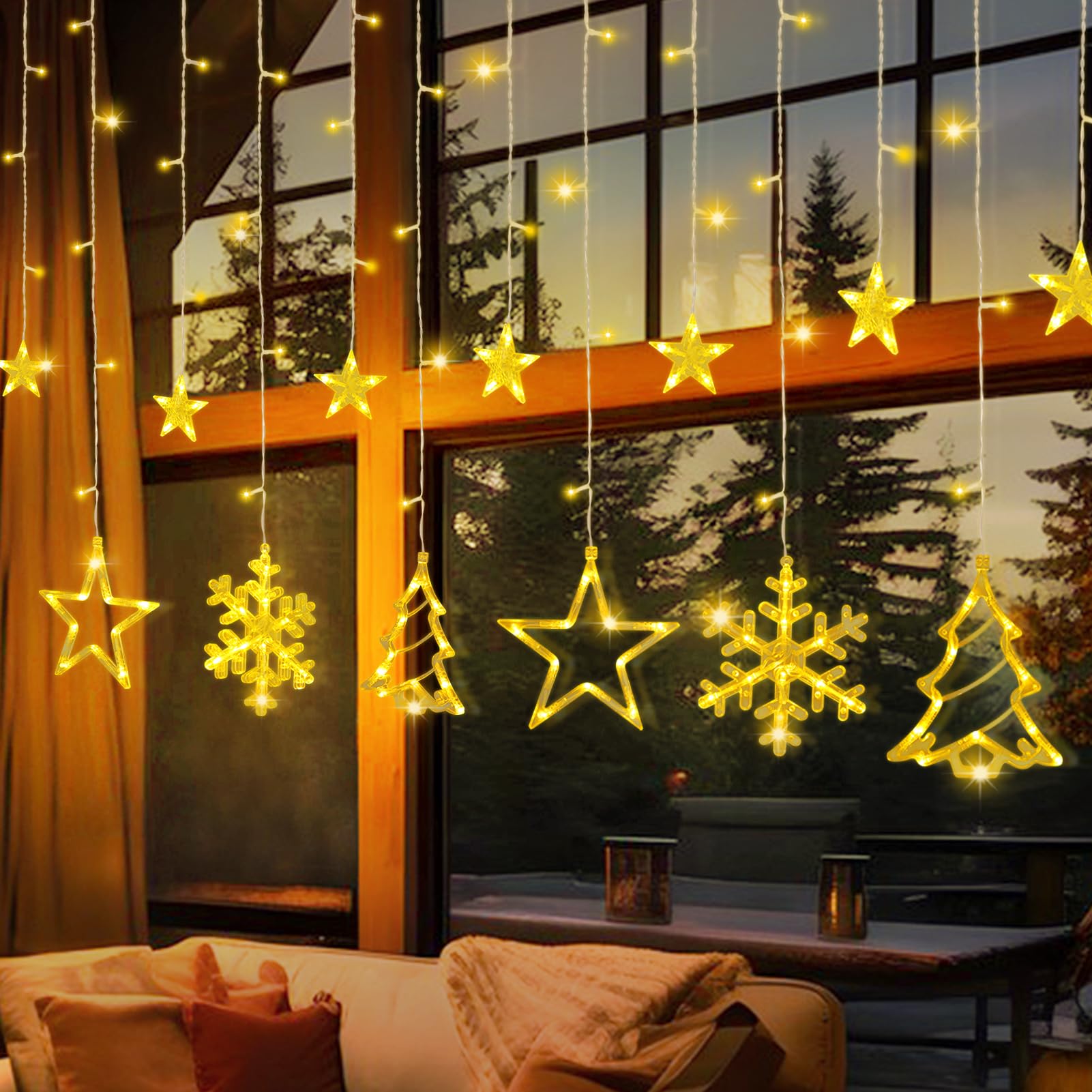 KPROE Christmas Window Lights Decorations, 138 LED Christmas Curtain Lights with 8 Lighting Modes, Christmas Tree Snowflake Star String Lights for Christmas, Weddings, Parties, Room Decor(Warm White)