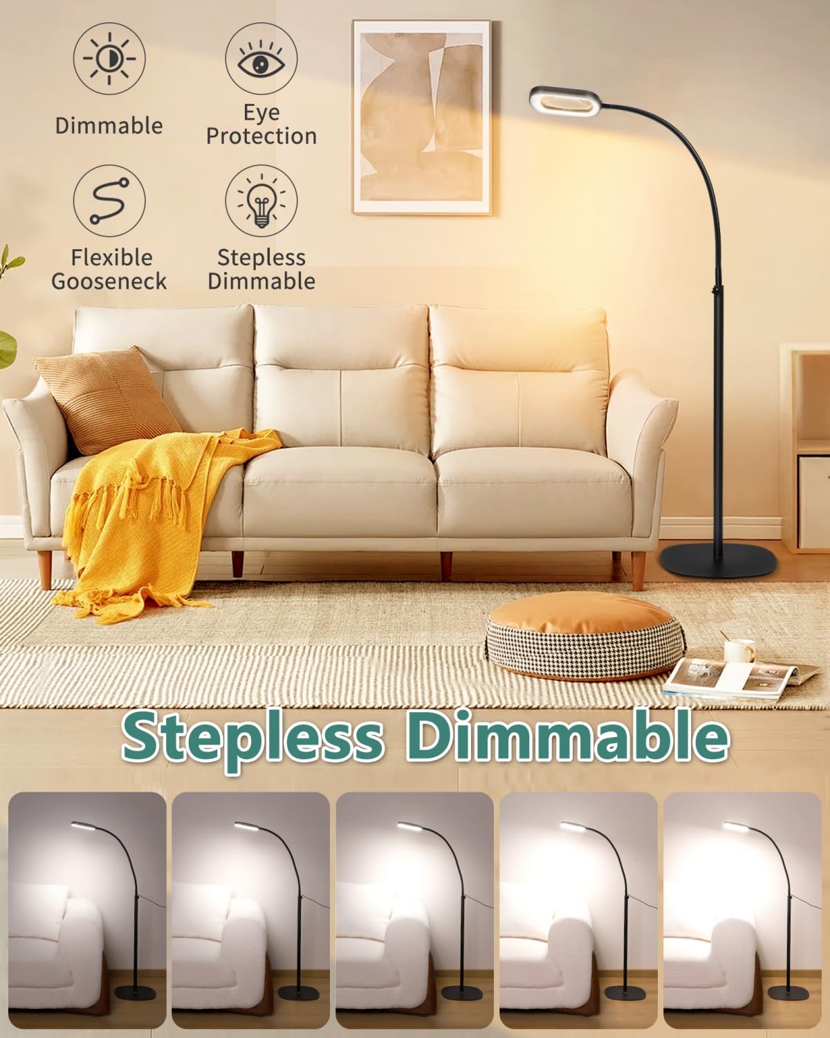 IVMAIE 10X Magnifying Glass with Light, 24" Gooseneck Floor Lamp, 5 Color Modes, Metal, Black, Model 602FLG