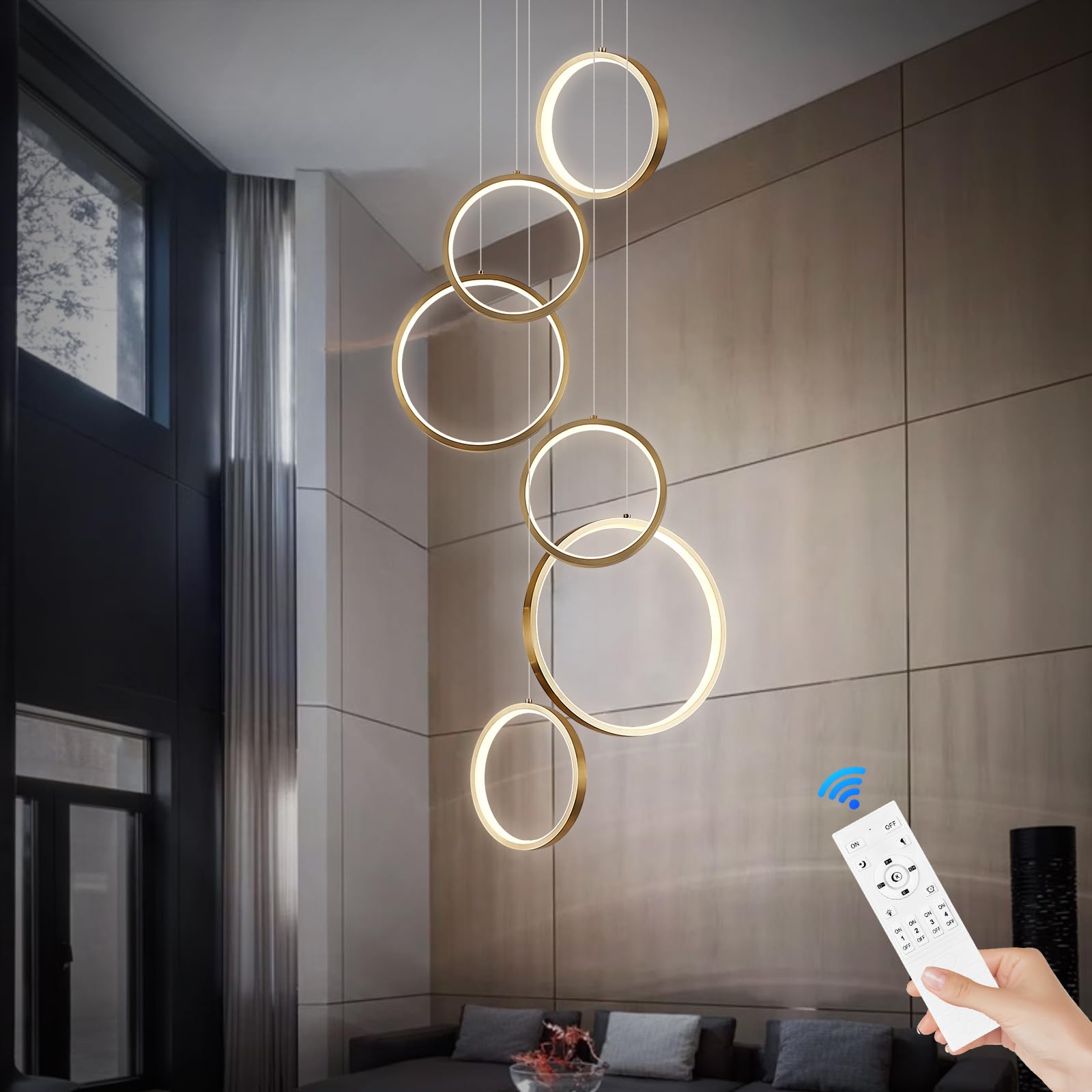Benkut Modern LED Chandelier 6 Ring Gold LED Pendant Light Adjustable Height Hanging Ceiling Light Fixture Dimmable Chandelier Ceiling Hanging for Foyer  Entryway (98.5in 3000K-6500K)