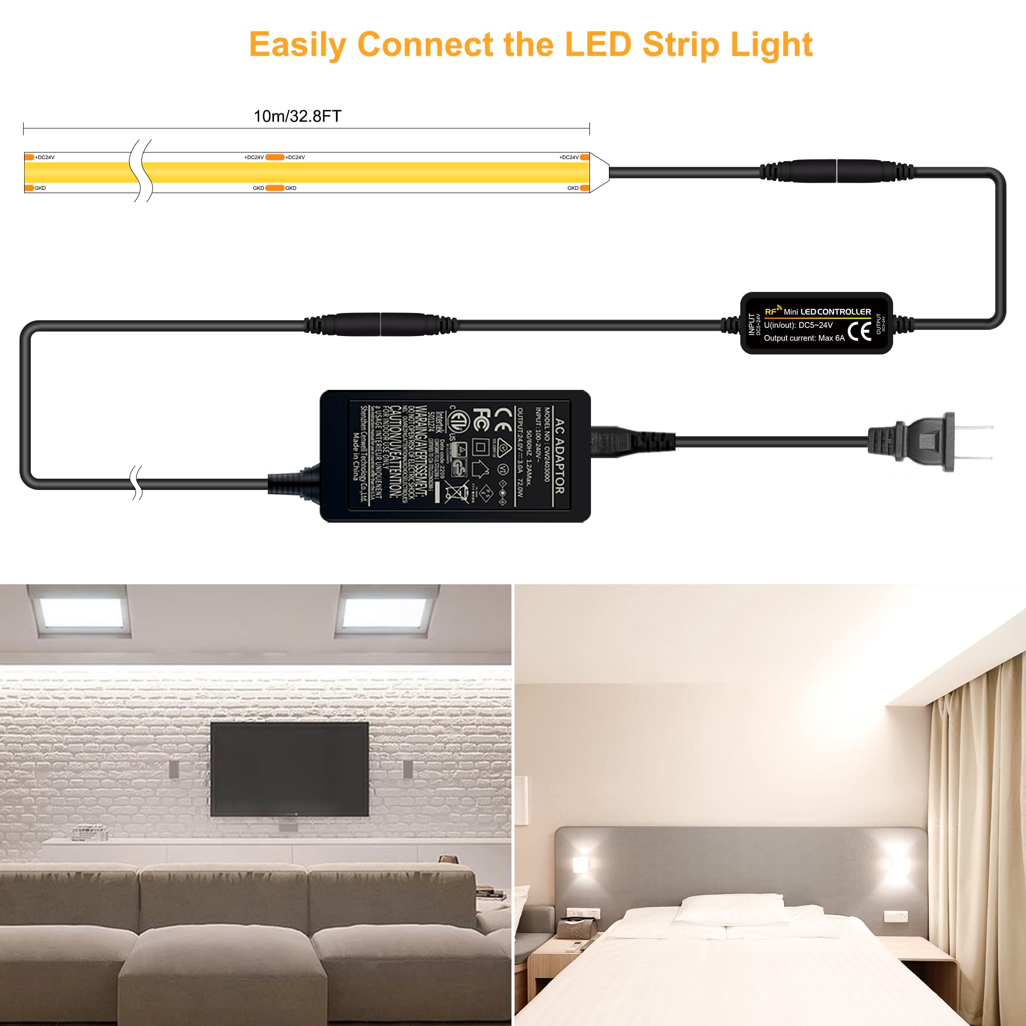 Pandery COB LED Strip Lights, 32.8FT, Dimmable, 6000K Cool White, DC24V, Model P3-5-10MCOB-KIT,