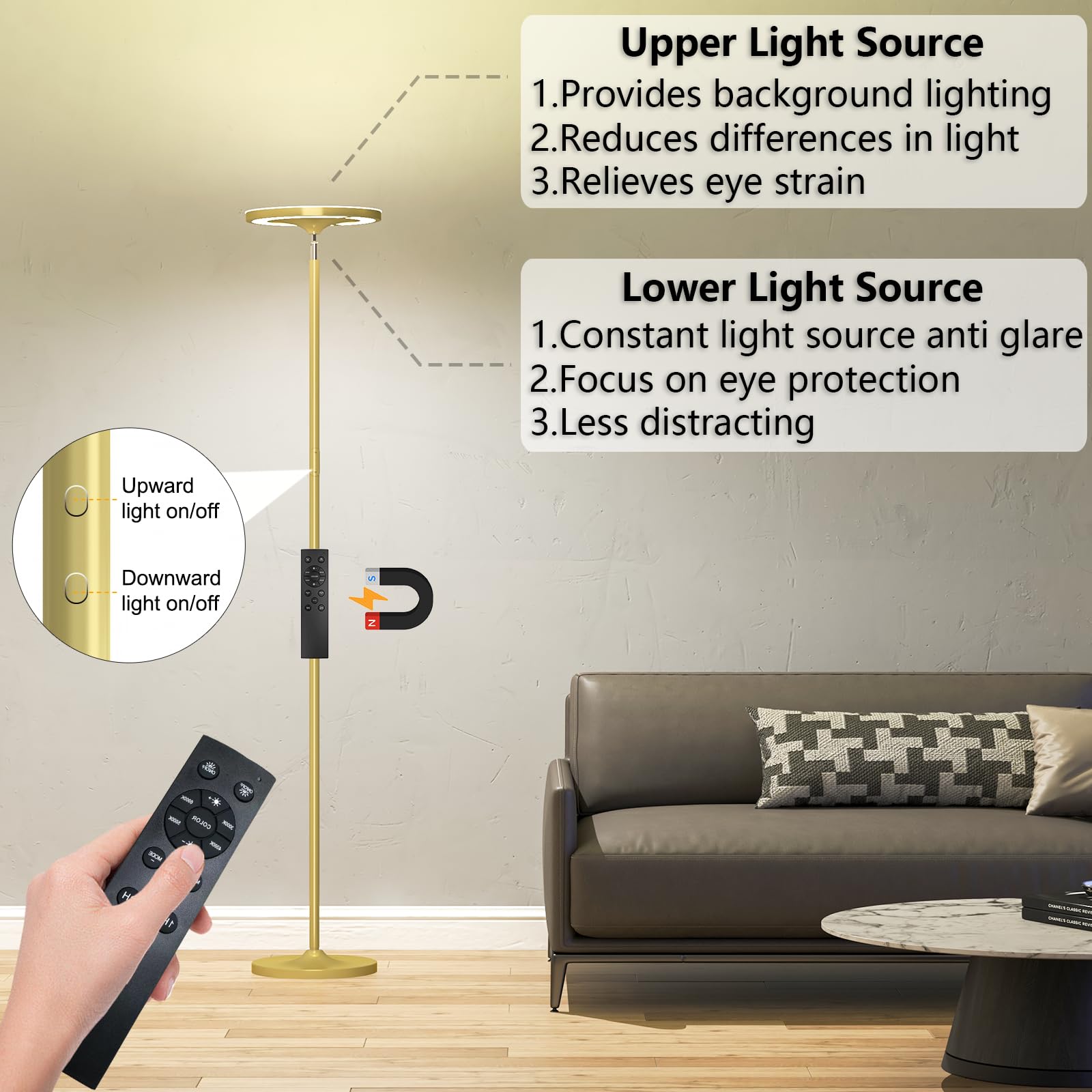 Keepsmile Gold Double Side Lighting Led Floor Lamp With Remote Smart App 36W 2600Lm Bright Tall Standing Rgb Floor Lamp Angle Mu