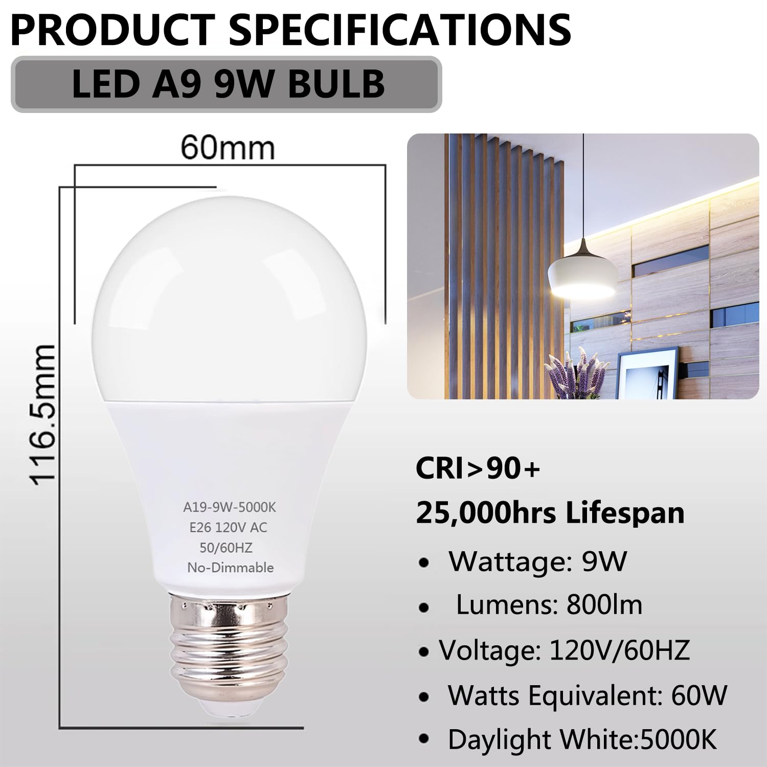 Zwwyvv Led Light Bulb,A19 60 Watt Equivalent, Energy Efficient 9W,800 Lumens, Daylight White 5000K, Non-Dimmable, 25,000 Hour Li