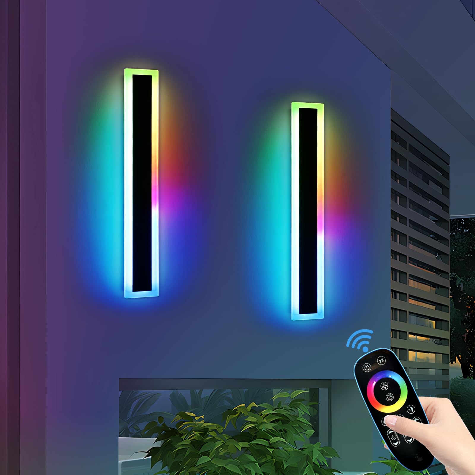 Widened 2 Pack RGB Outdoor Wall Lights, 23.6inch Long Dimmable Modern LED Wall Sconces, 10 Colors, 5 Modes, IP65 Waterproof Blac