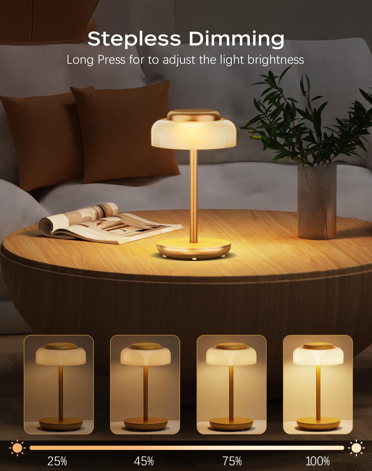 QiMH Battery Operated LED Table Lamp - 5000mAh Rechargeable, Stepless Dimmable, Waterproof, Gold Finish, Model VSH45B, 1 Pack