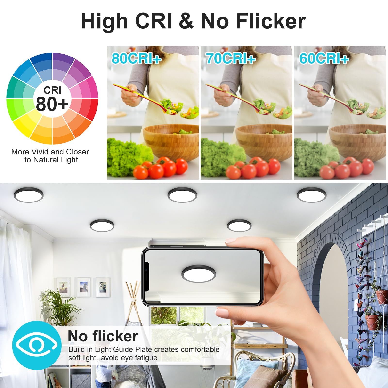 Libtit Black Flush Mount Ceiling Light, 15W 1500Lm Thin Flat Led Lighting Fixture For Ceiling, 3000K-4000K-6500K & 7 Inch Modern