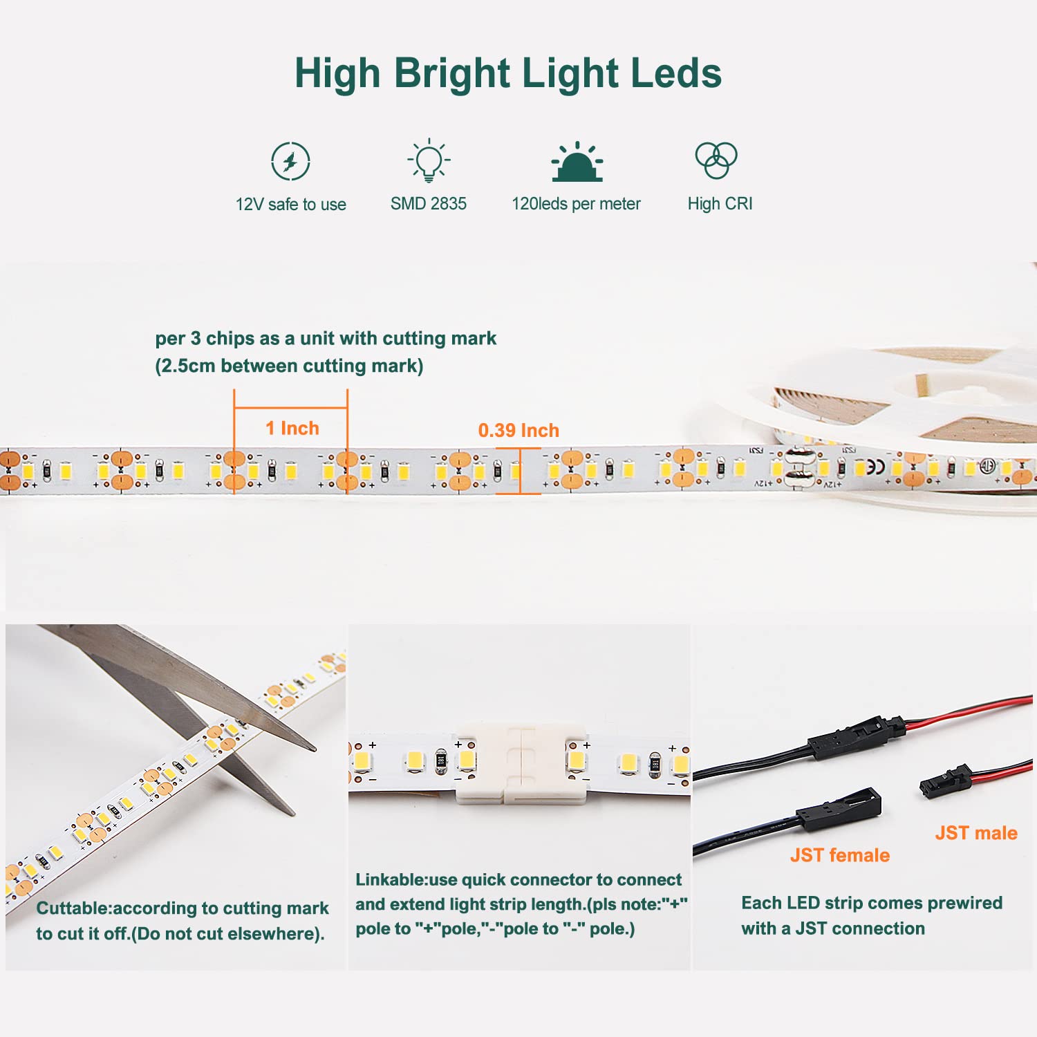 Vst Led Strip Lights Warm White 120Leds/M 1000Lm/M 9.6W/M Led Tape Light 12V 2835 Cuttable Connectable Dimmable Led Strips For Indoor Under Cabinet Etl-Listed,No Driver (3000K-32.8Ft, White)