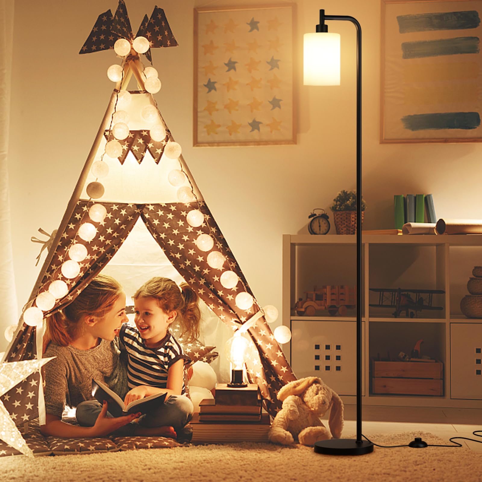 Ziisee Floor Lamps For Living Room - Standing Lamp With Remote Control Glass Shade, Modern Floor Lamp With Led Bulbs, Bright Industrial Floor Lamp For Bedroom, Black Tall Lamp For Office