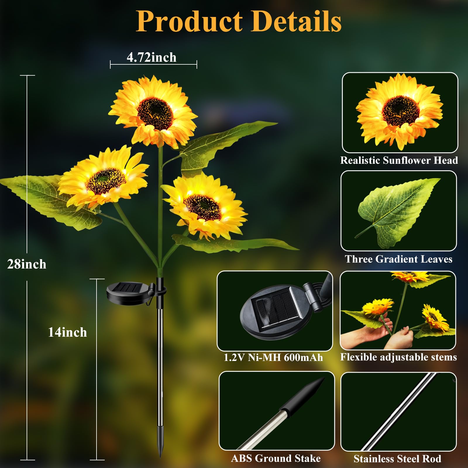 Etre Jeune Solar Garden Lights Outdoor Waterproof, 2 Pack Solar Powered Decorative Sunflower Garden Stake Lights For Outdoor Patio Pathway Walkway Landscape Yard Cemetery Grave Decorations