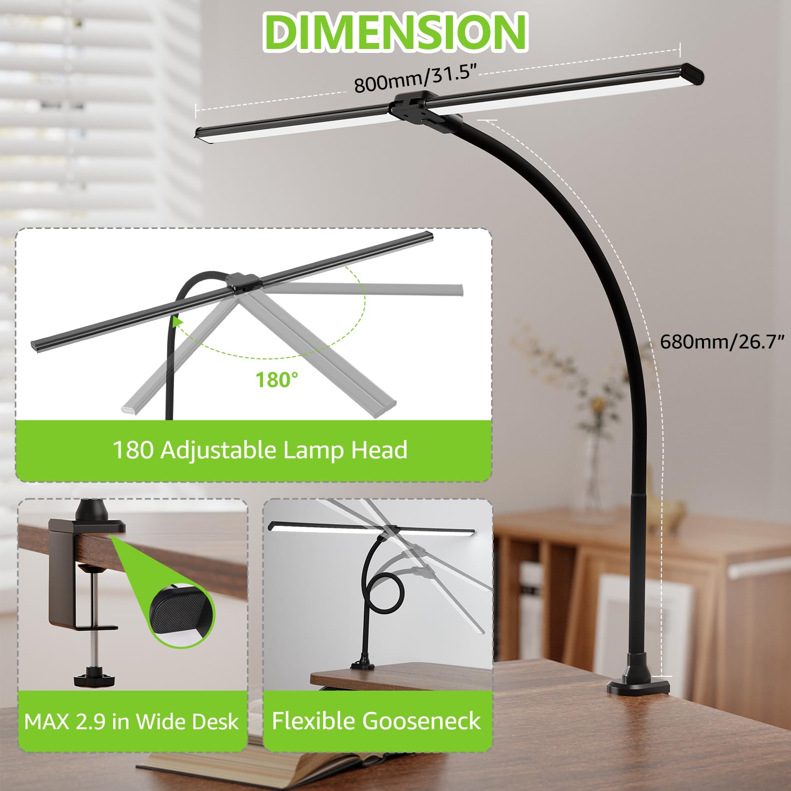 Shinetech Led Desk Lamp For Home Office, 3000K Warm White Double Head Architect Task Lamps With Clamp, Dimmable Adjustable Flexi