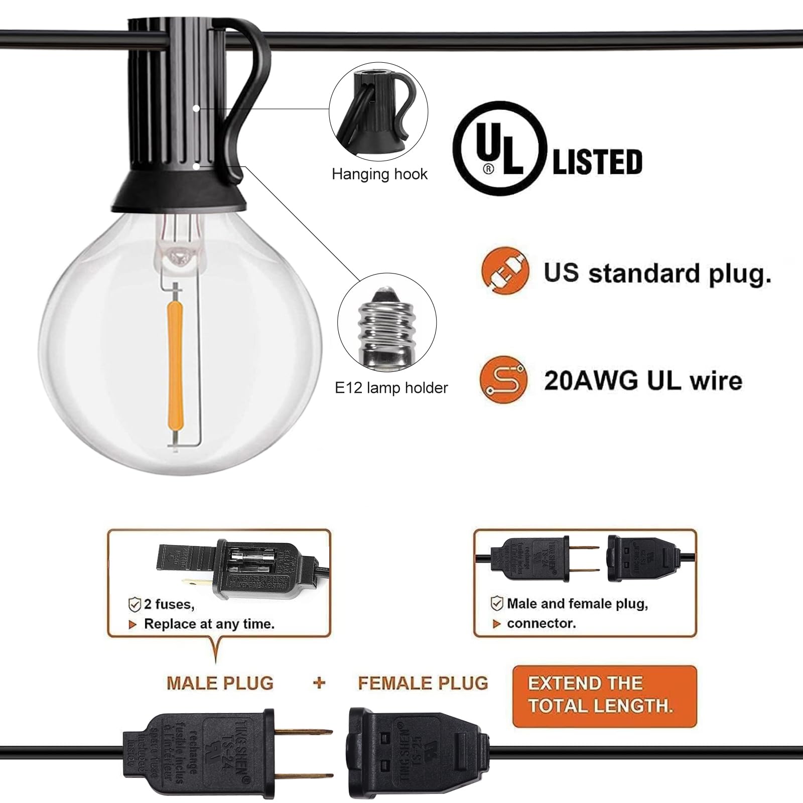 Histar 30Ft Led Outdoor String Lights, Waterproof G40 Bulbs, Remote Control, Black