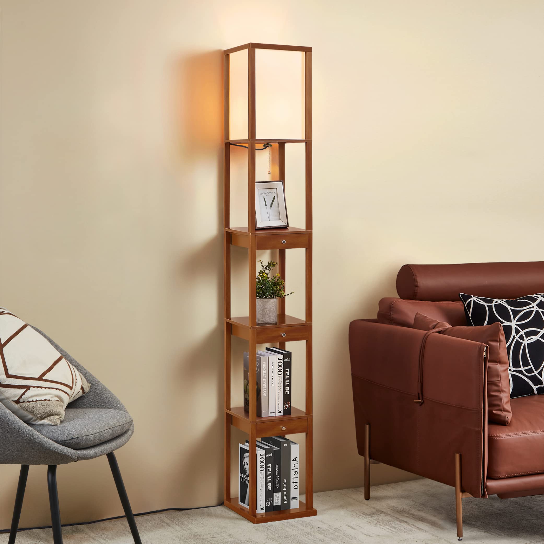ATAMIN Shelf Floor Lamp with Storage Drawers - Wooden Standing Lamp with Pull Chain and Warm LED Lighting - Perfect for Bedroom,