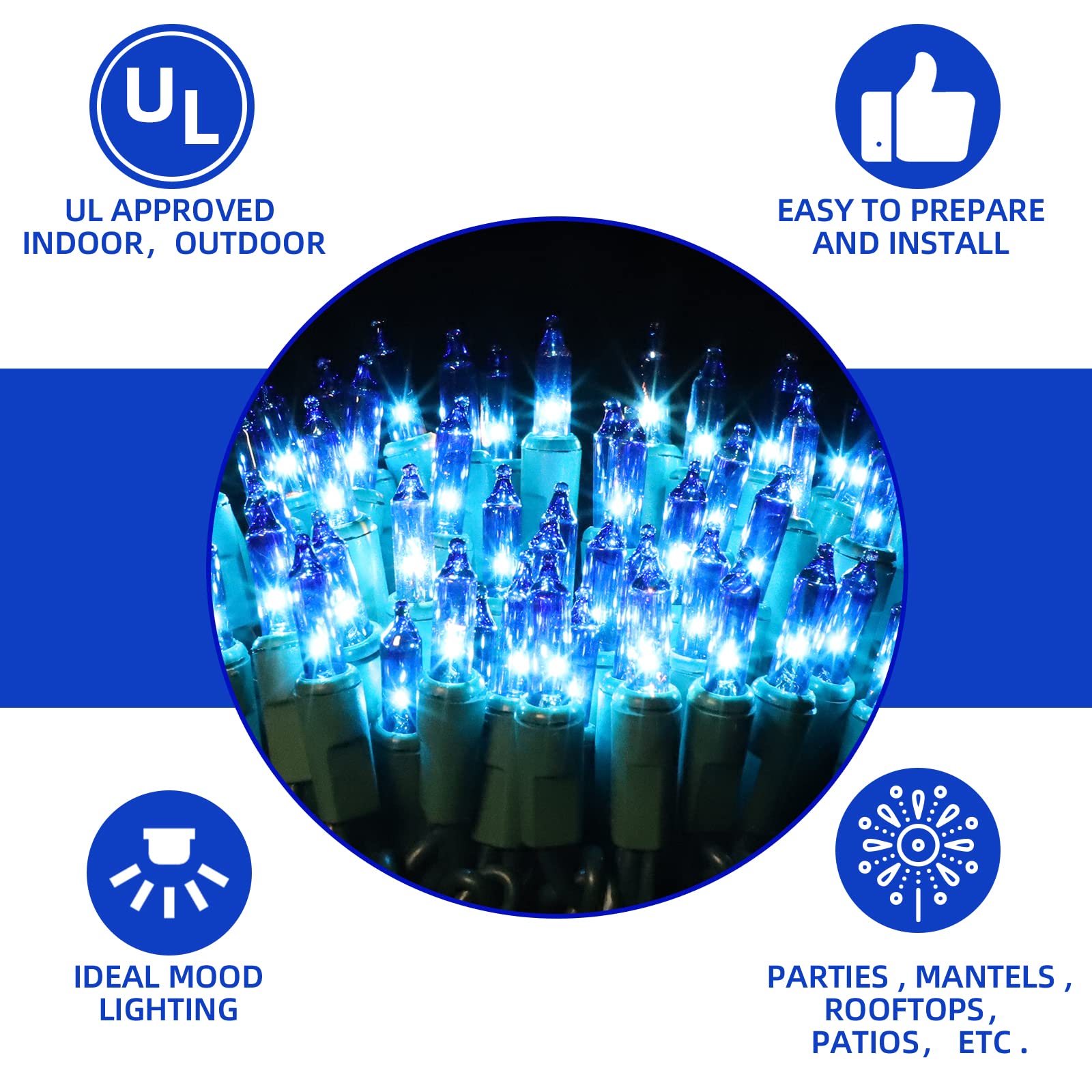 Xmashome 19.6Ft Green Wire Blue String Lights, 100 Count Incandescent Christmas Lights (Blue, 100 Lights)