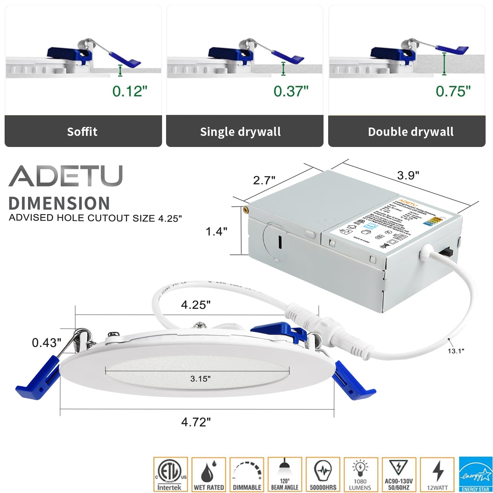 Adetu 6 Pack 4 Inch 5Cct Ultra-Thin Led Recessed Ceiling Light With Junction Box,Dimmable Canless Wafer Downlight,2700K-5000K Se