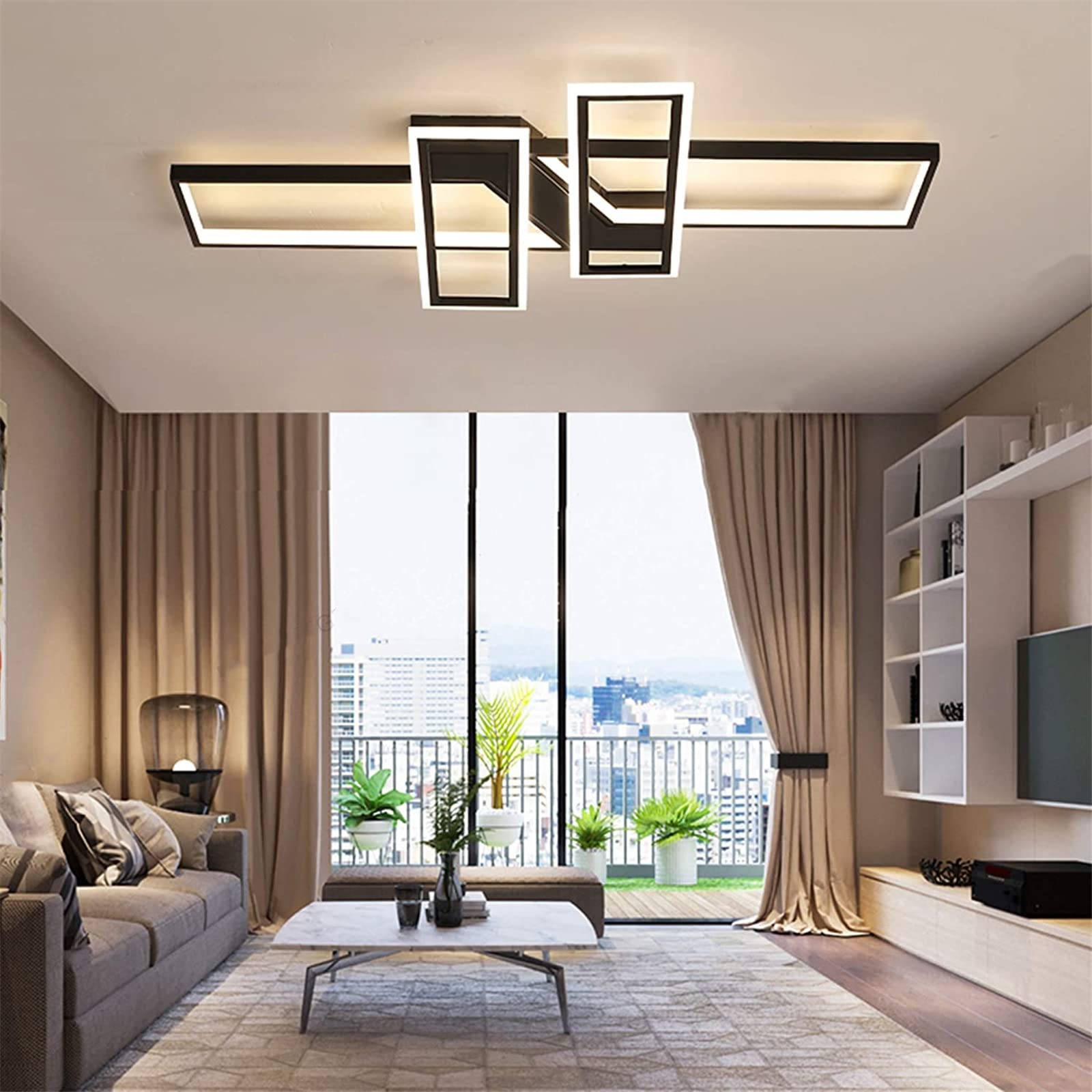 Fbfc 47.2In Modern Led Ceiling Lights Fixture  116W Black Dimmable Chandelier  Rectangular  With Remote Control Diningroom Lamp  Flushmount Geometric Led Ceiling Lamps For Bedroom Living Room