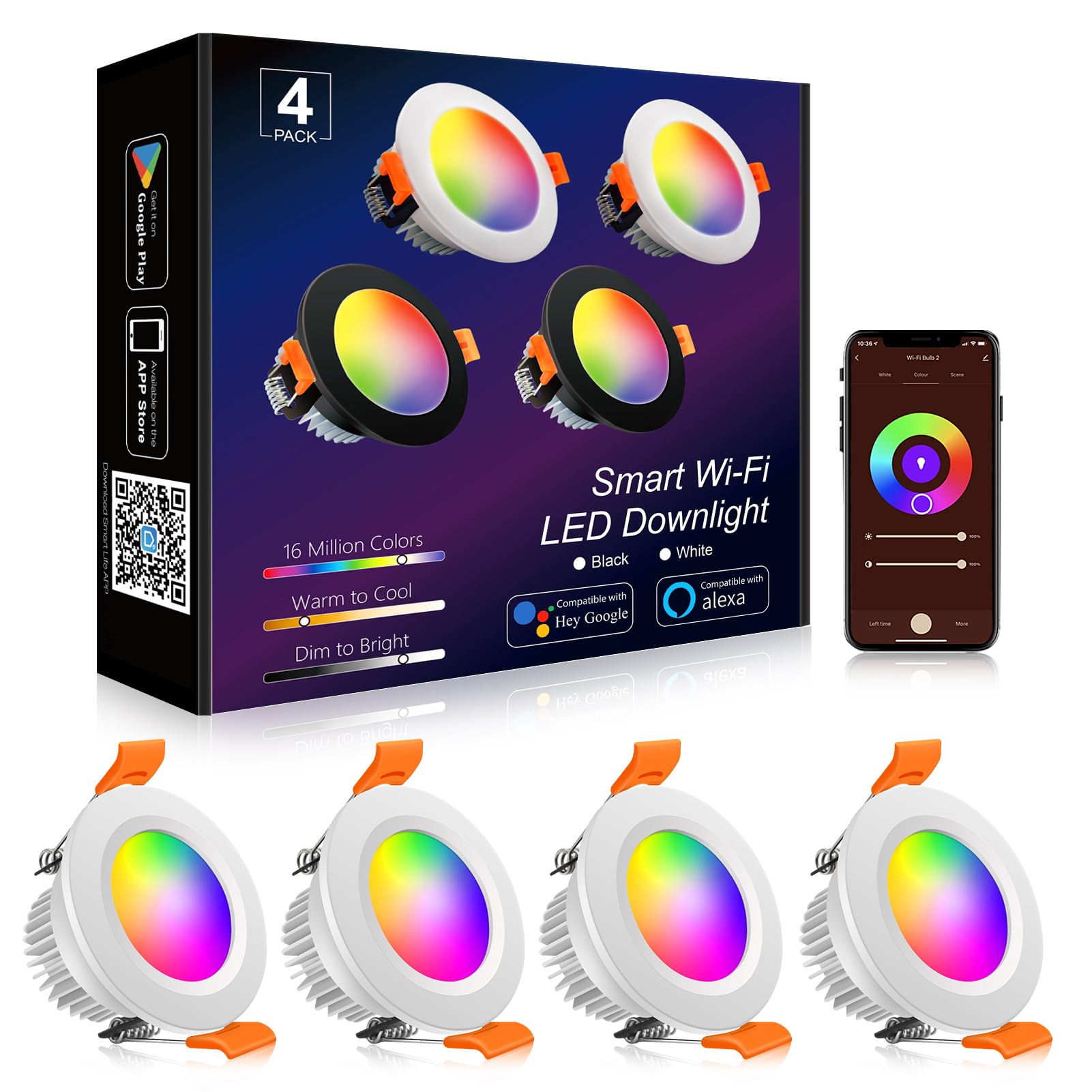 YGS-Tech Smart LED Recessed Lighting RGB WiFi Downlight 5W, Dimmable 2700-6500K, 3 Inch, White, 4 Pack