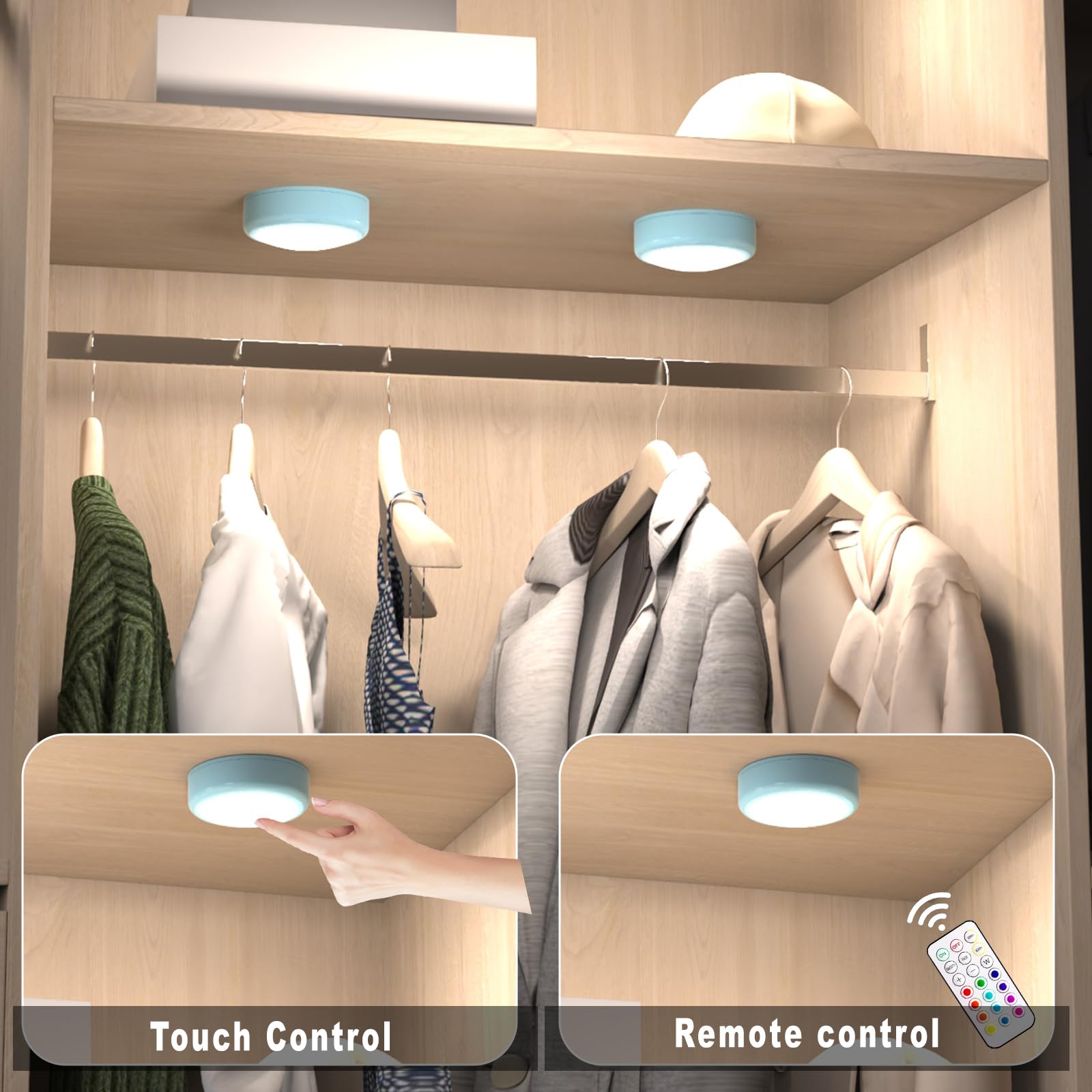 HELPLEX LED Puck Lights, 6 Pack RGBW Color Changing, Dimmable, Battery Powered, 3 inches, Blue, Model HELPLEX