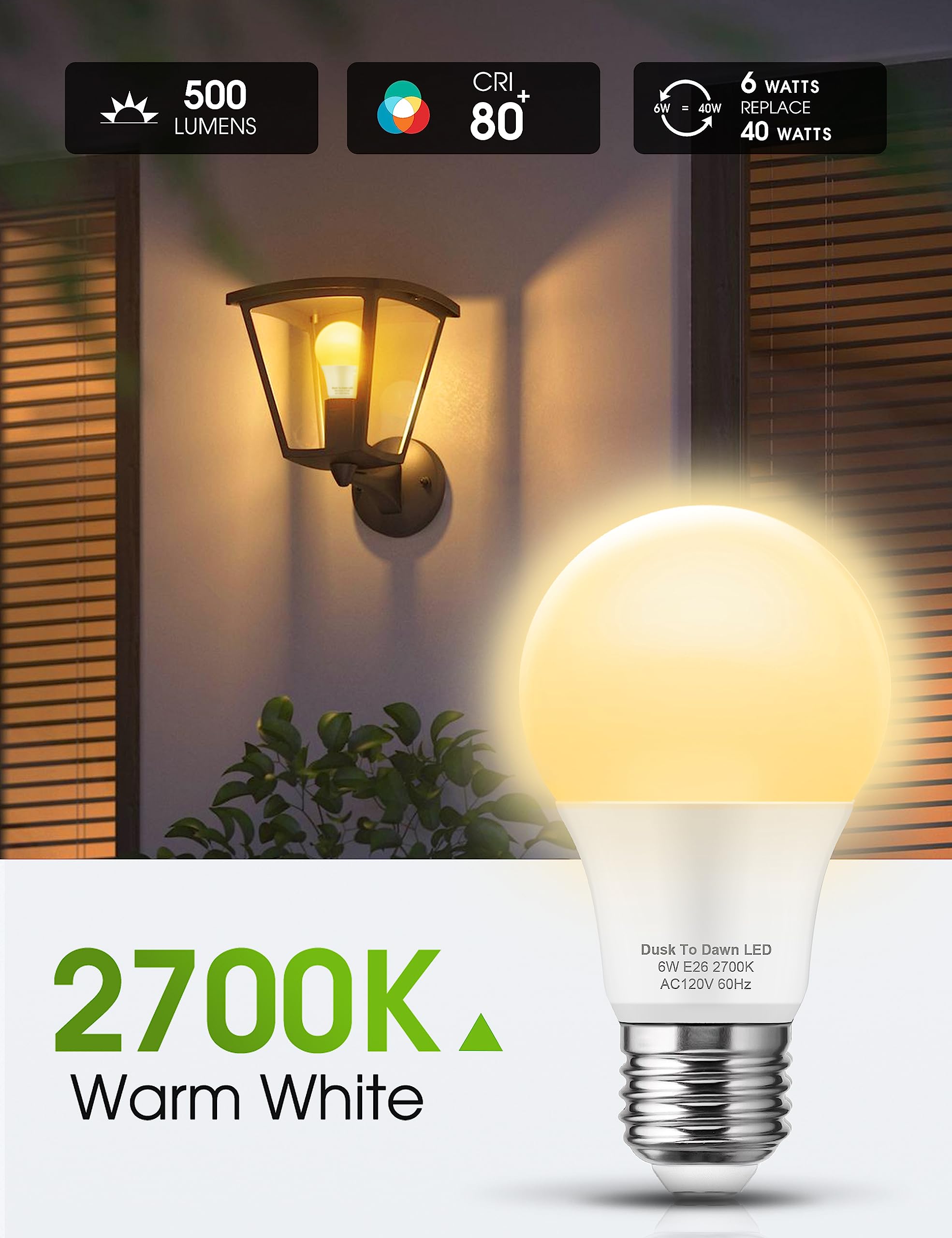 L LOHAS LED Dusk to Dawn Sensor Light Bulbs, 40W Equivalent, Warm White 2700K, A19 6W, E26, 500LM, 4 Count