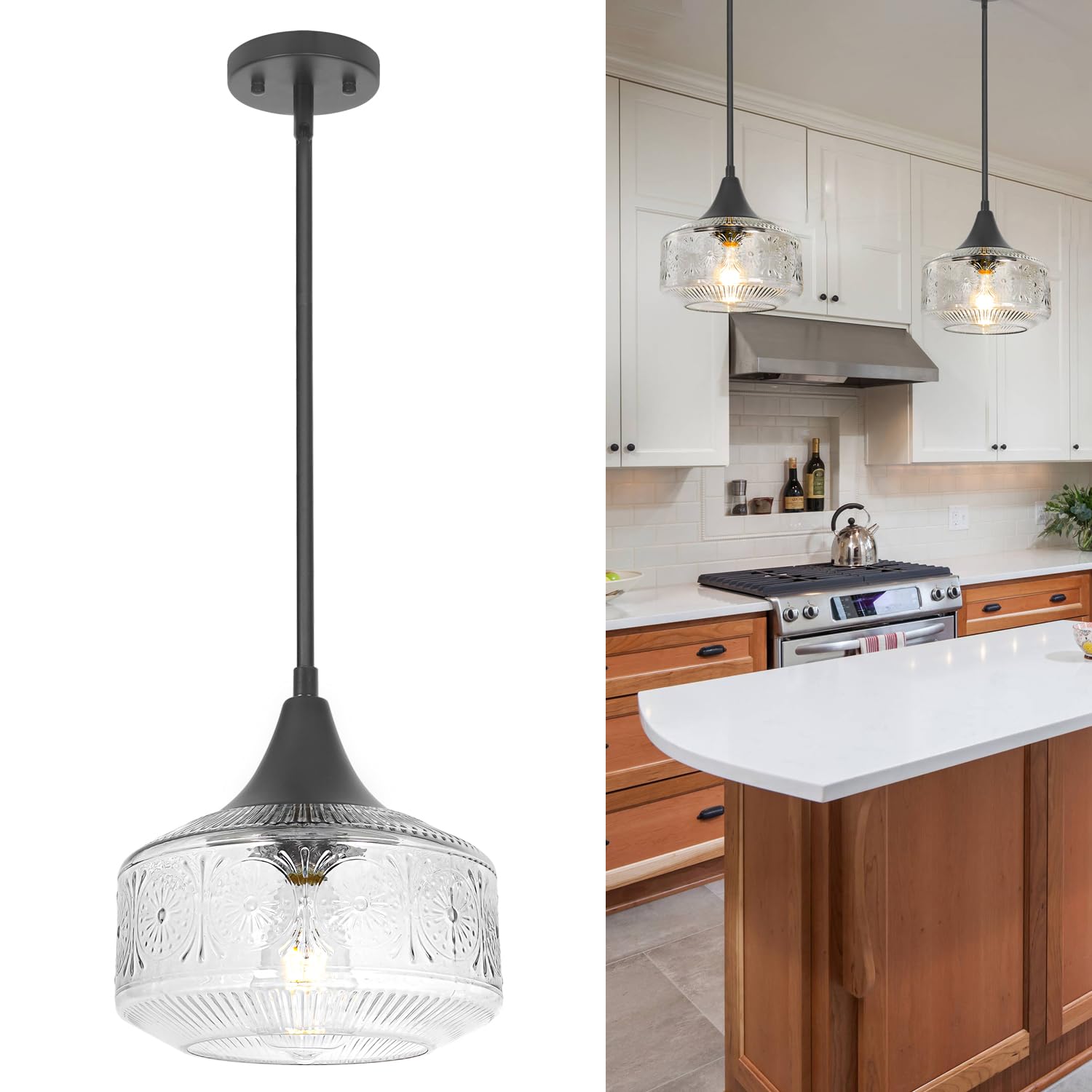Black Pendant Lights Kitchen Island  Pendant Light with Large Thickened Glass Lampshade  Vintage Pendant Light Hanging Light Fixture for Dining Room Hallway Bedroom  E26 Base & Adjustable Cable