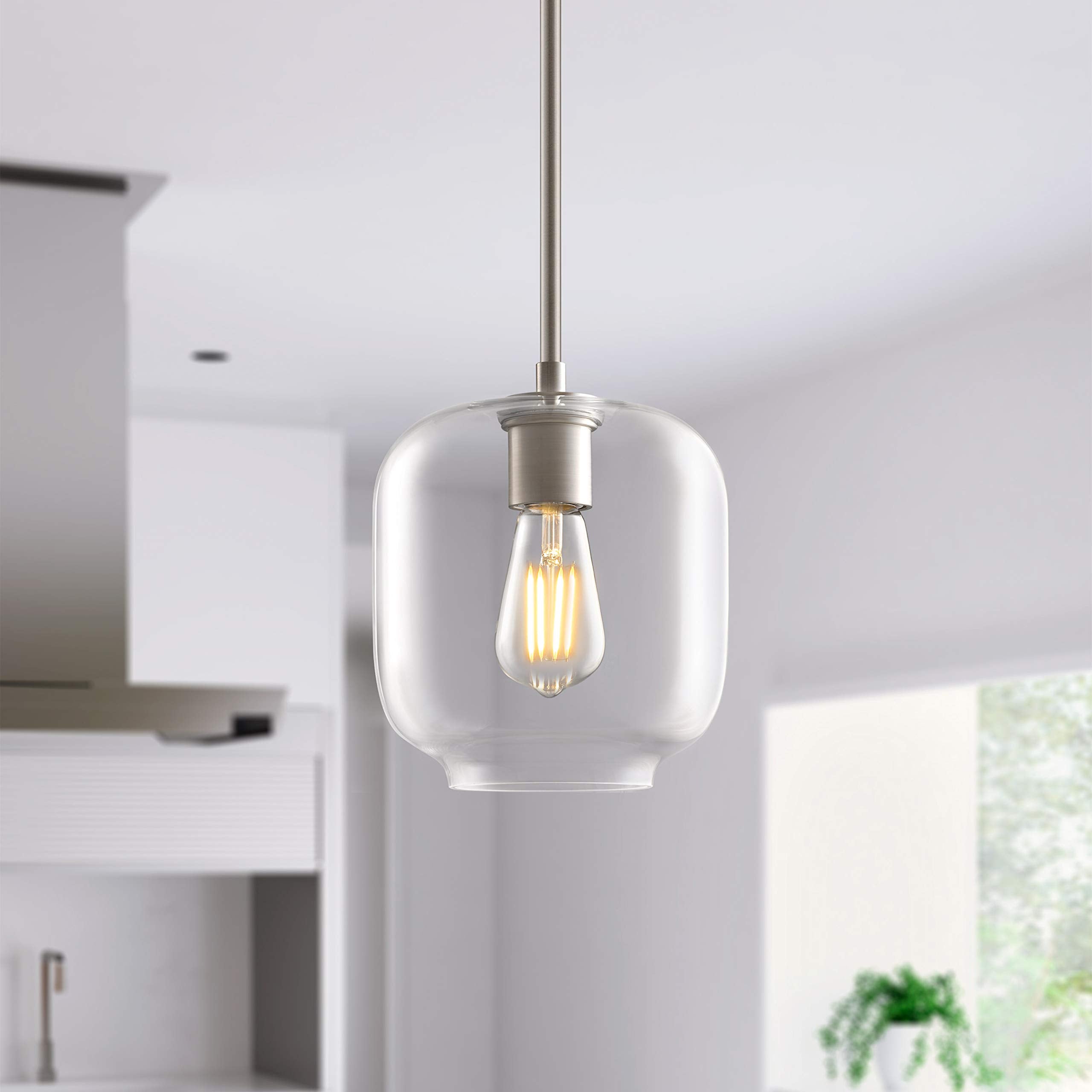 Linea di Liara Piarra Pendant Light, Brushed Nickel, Square Clear Glass Shade, UL Listed, Model LL-P622-1BN