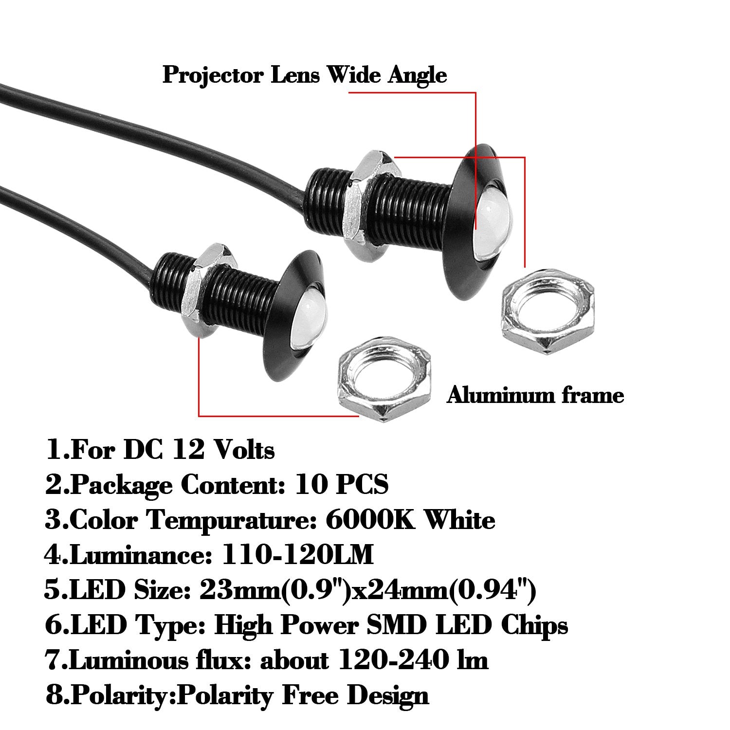 CARLITS Eagle Eye LED Bulbs 10-Pack, Ultra Thin Bumper DRL Fog Lights, 12V, Black Case, Yellow Light