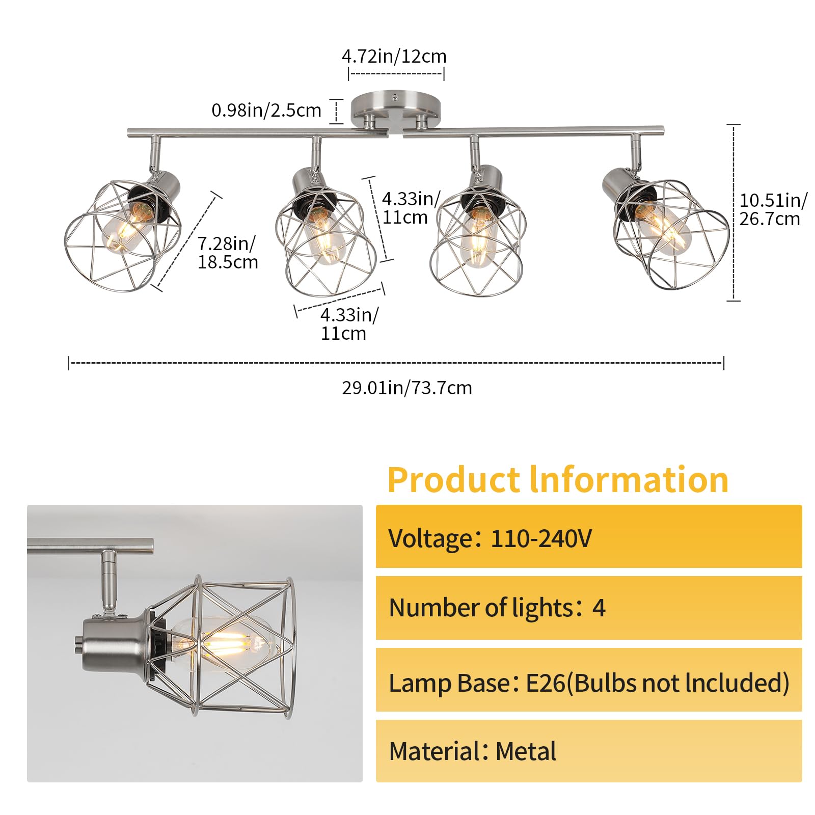 Wilon 4 Light Track Lighting Kit 4 Way Ceiling Spotlight, Modern Flush Mount Ceiling Light Brushed Nickel Kitchen Ceiling Light Fixtures Kitchen Track Lighting Flexibly Rotatable Light Head E26 Base