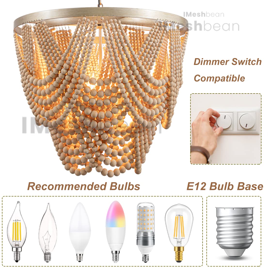 iMeshbean 25.5" Boho Wood Beaded Chandelier Light Fixture - Rustic Oak for Dining Room, Bedroom, Living Room (Model 09523-FW)
