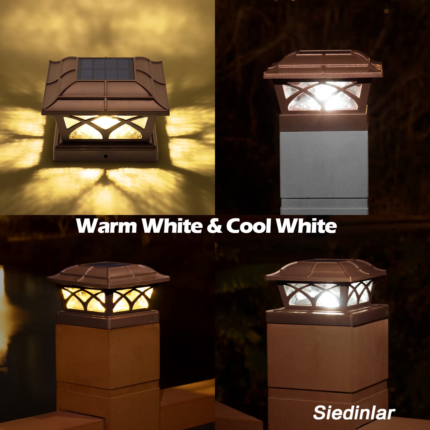 SIEDiNLAR Solar Post Cap Lights, Glass, 8 LEDs, Warm & Cool White, 1 Pack, Brown, Model SD012Z-1PK