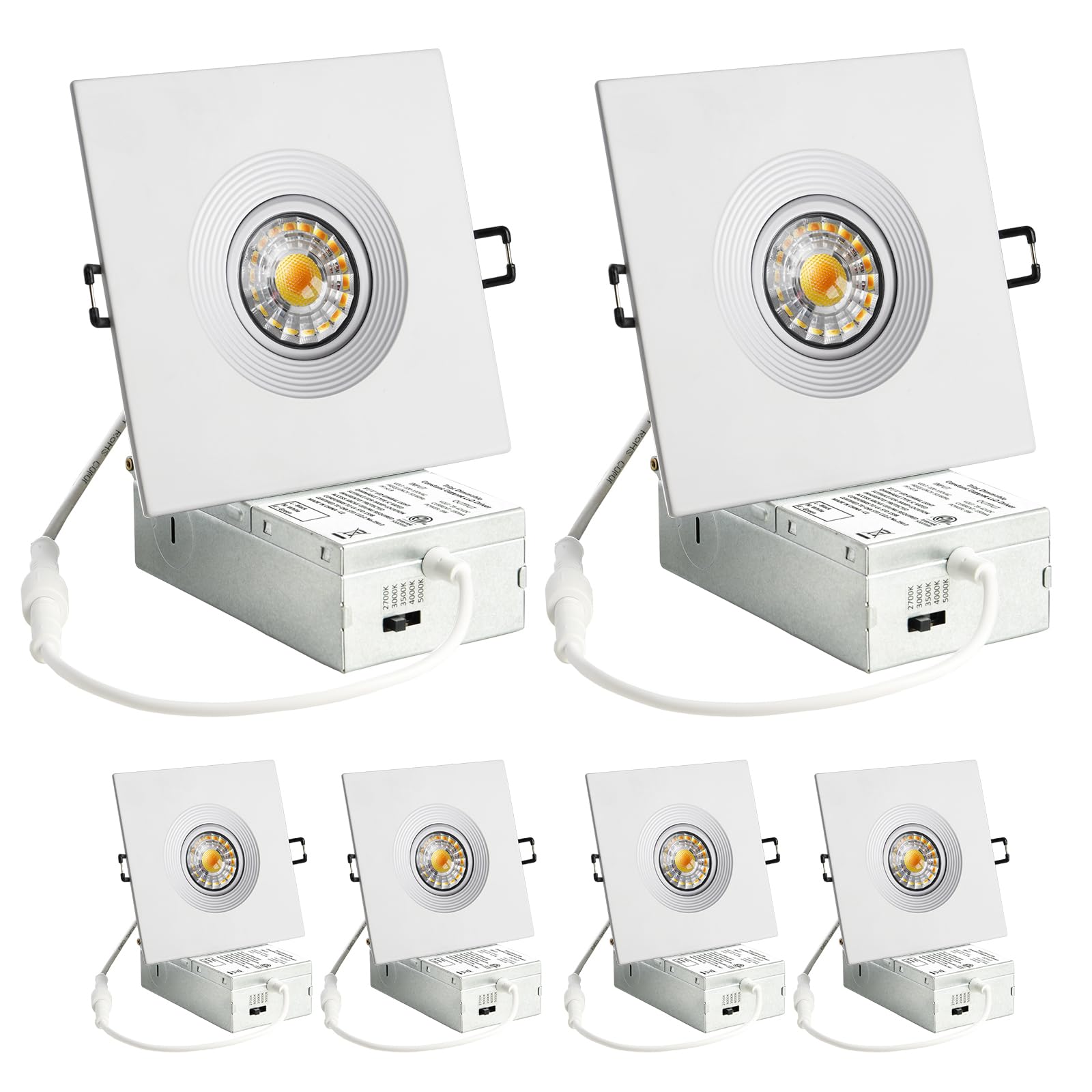 Wembanma 4 Inch 6 Pack Square Recessed Lighting  8W 5CCT Adjustable Canless Wafer Downlight  360 Rotatable and 30 Tiltable LED Eyeball Lights  4 Inch 6 Pack White