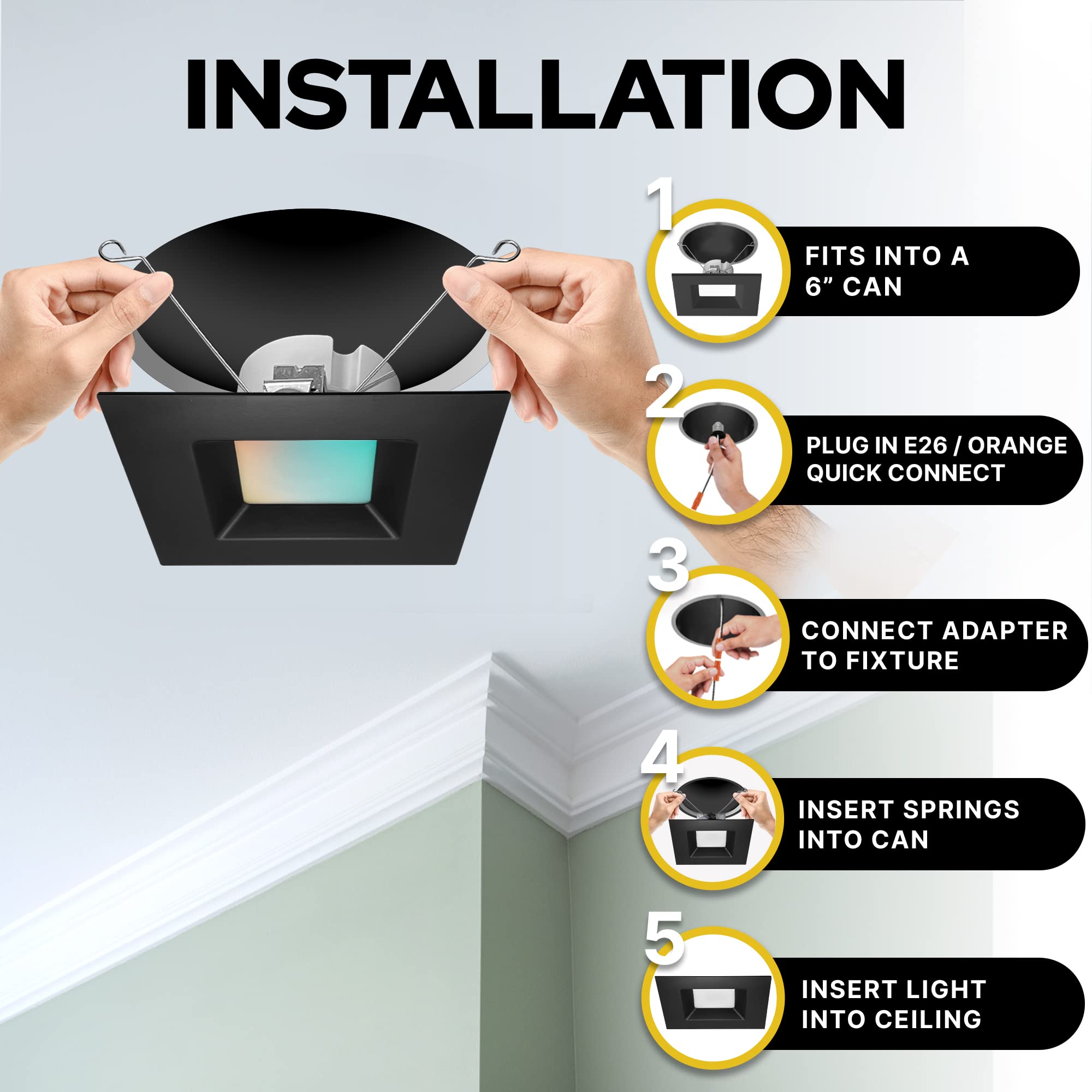 Nuwatt 12 Pack, Black 6 Inch Square Retrofit Recessed Lighting, Cct 2700K/3000K/3500K/4000K/5000K Selectable, 1100 Lumen 14W, Dimmable, 6In Black Square Led Can Lights, 6" Square Light, Etl, Wet Rated