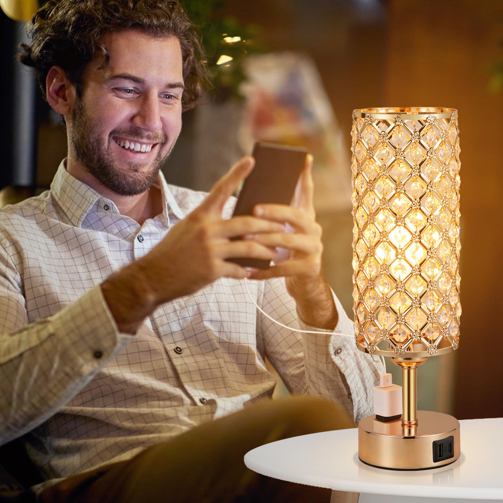 Hong-In Dimmable Gold Lamps Set Of 2 With Usb-C Charging Ports, 3-Way Crystal Bedside Lights For Bedroom And Living Room