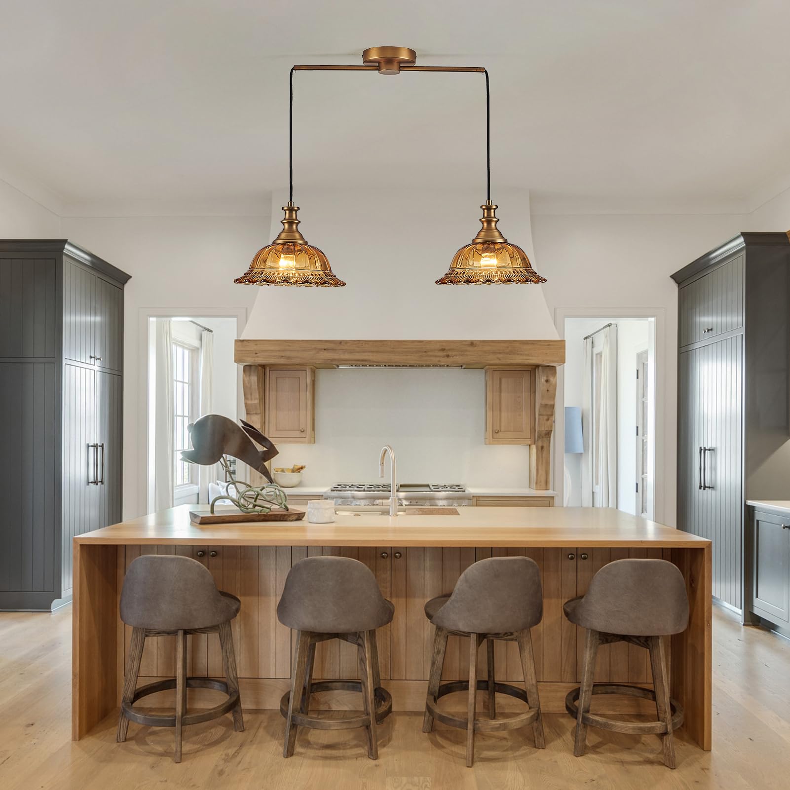 HDDFL Vintage 2 Light Pendant Light Fixture, Amber & Brass, Metal, Adjustable Cord for Kitchen Island & Dining Room, Model SS87M-2CC