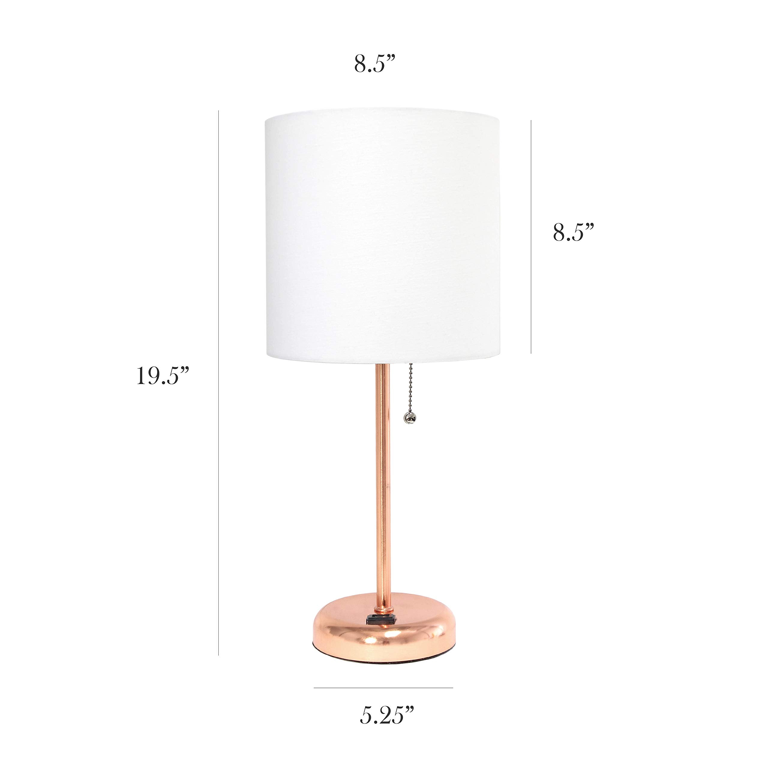 Simple Designs Lc2001-Rgd-2Pk Rose Gold Stick Table Lamp Set With Charging Outlet And White Fabric Shades, 2 Pack Set