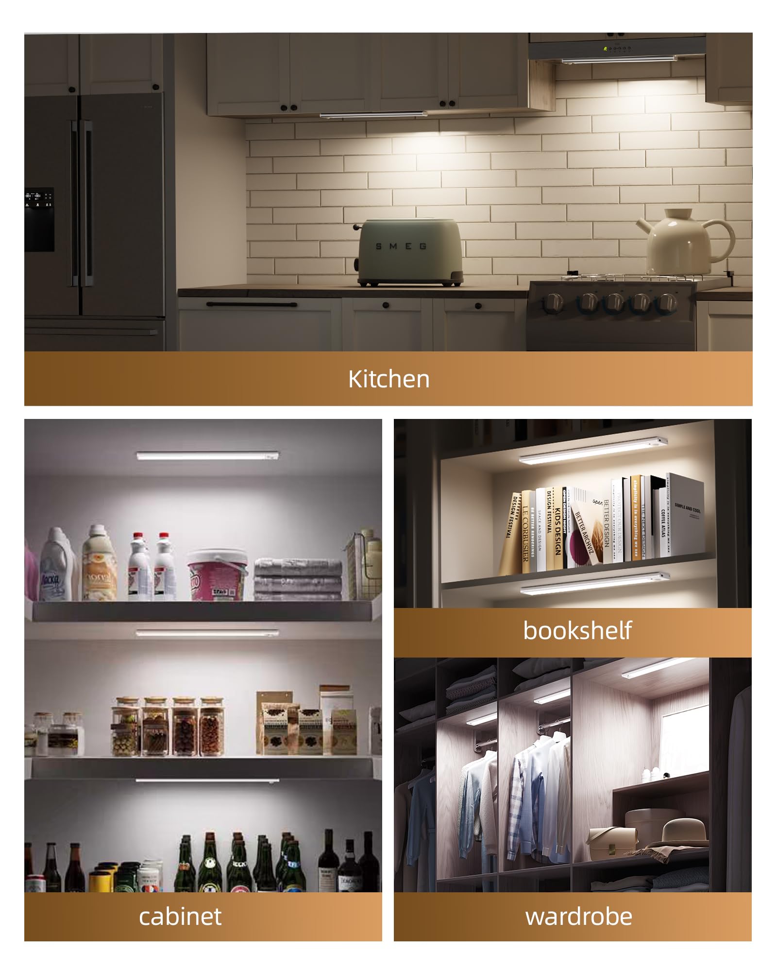 AMETHEUS Under Cabinet Lighting, 16" Dimmable LED Motion Sensor Light, 2Pack, Rechargeable, Remote Control, ABS Material