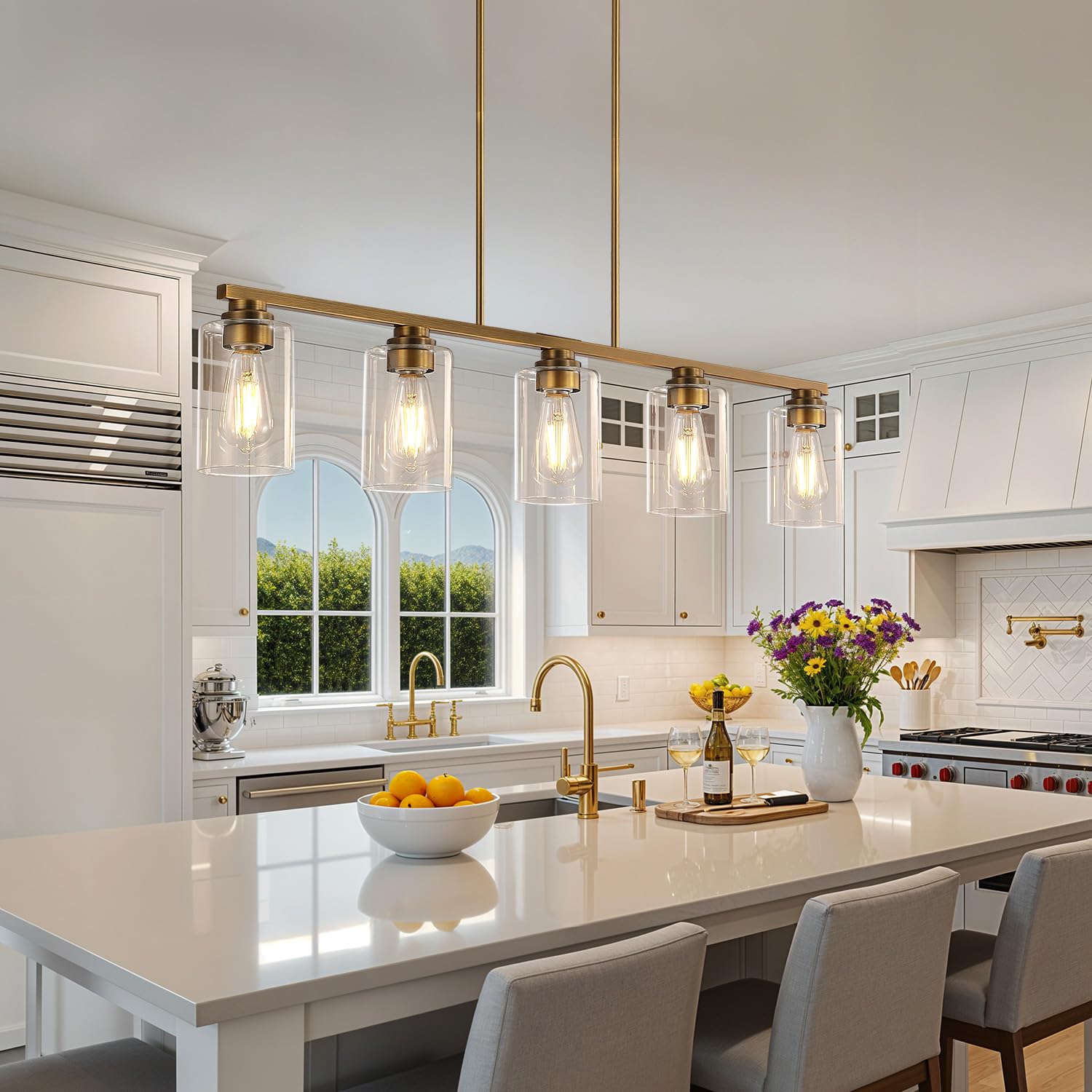 Mecgirn 5-Light Linear Chandelier Pendant Light, Brushed Brass Metal Fixture for Kitchen Island & Dining Room, Model D0017-5-Brass