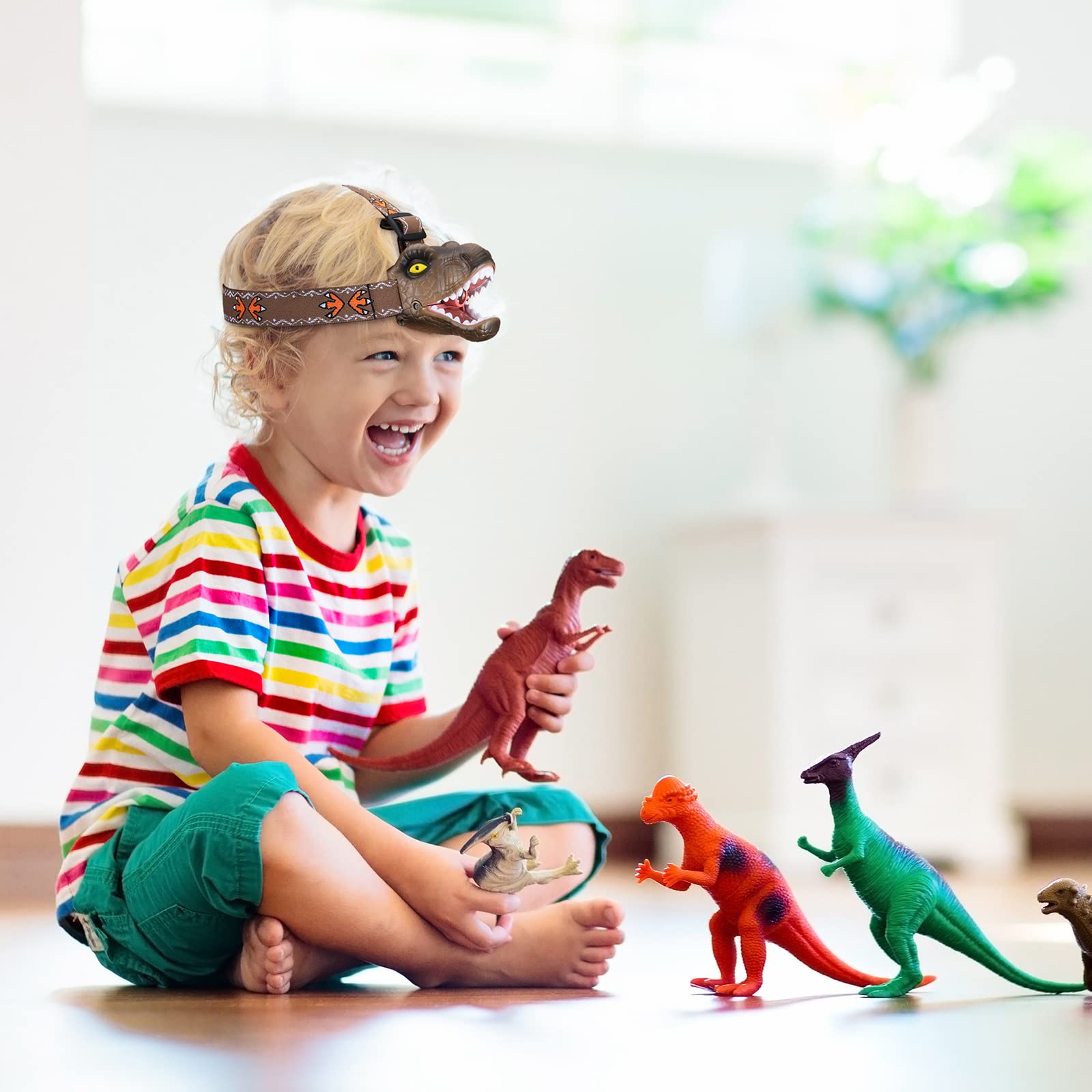 lelefa Dinosaur Kids Headlamp, T-Rex LED Flashlight, 4 Lighting Modes, Brown, Model lelefa-01