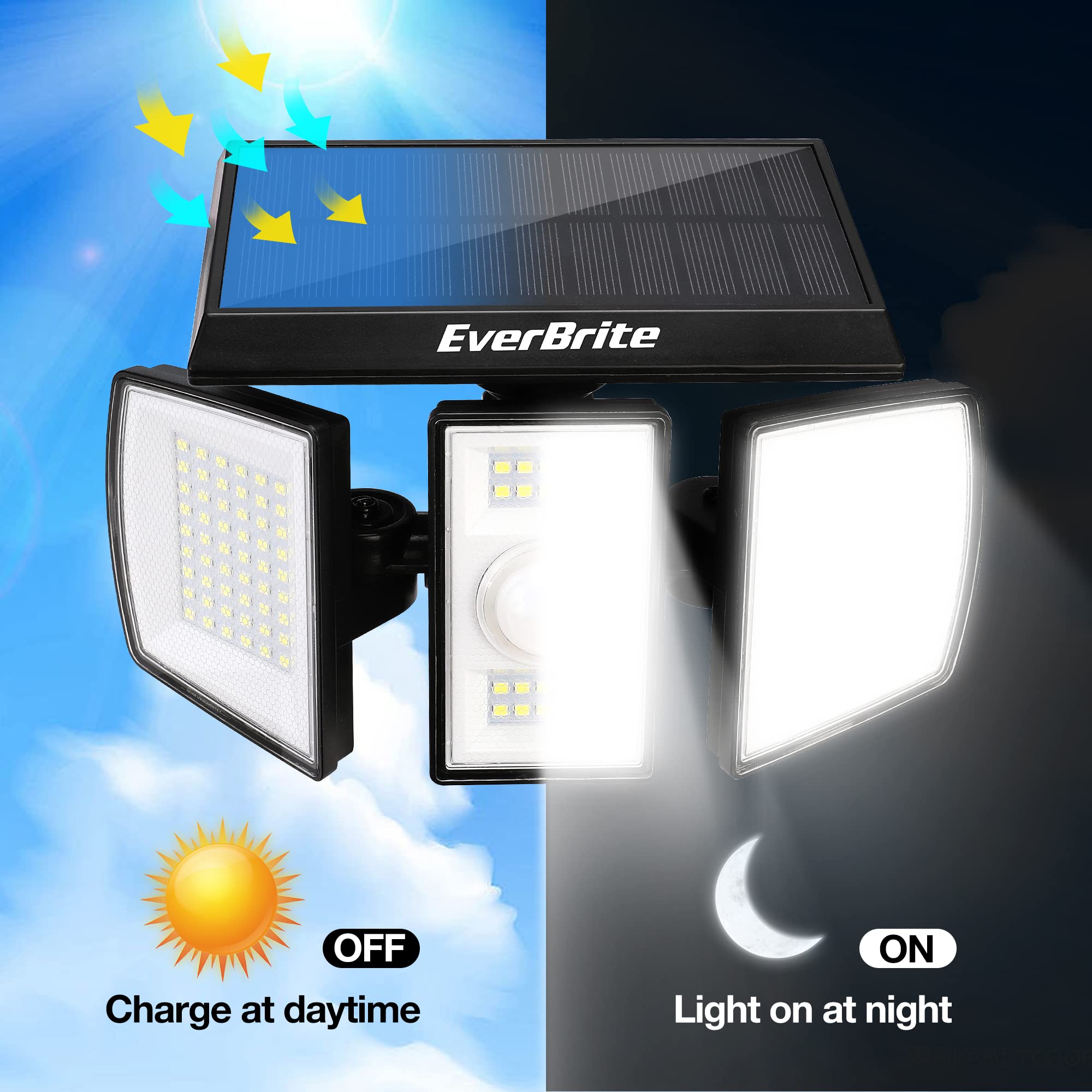 EverBrite Solar Outdoor Lights - 128 LED Motion Sensor Flood Light, 3 Heads, IP65 Waterproof, White, Model E021039