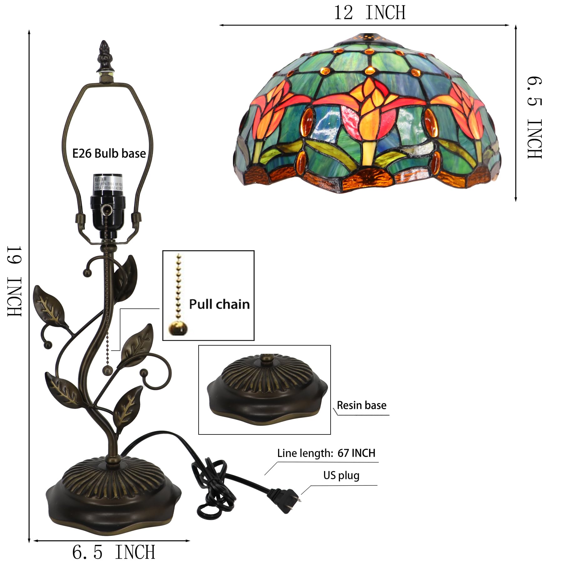 Lxhcyou Tiffany Table Lamp, Stained Glass Desk Light, W12H19 Inch, Metal Leaf Base (Tulip Style)