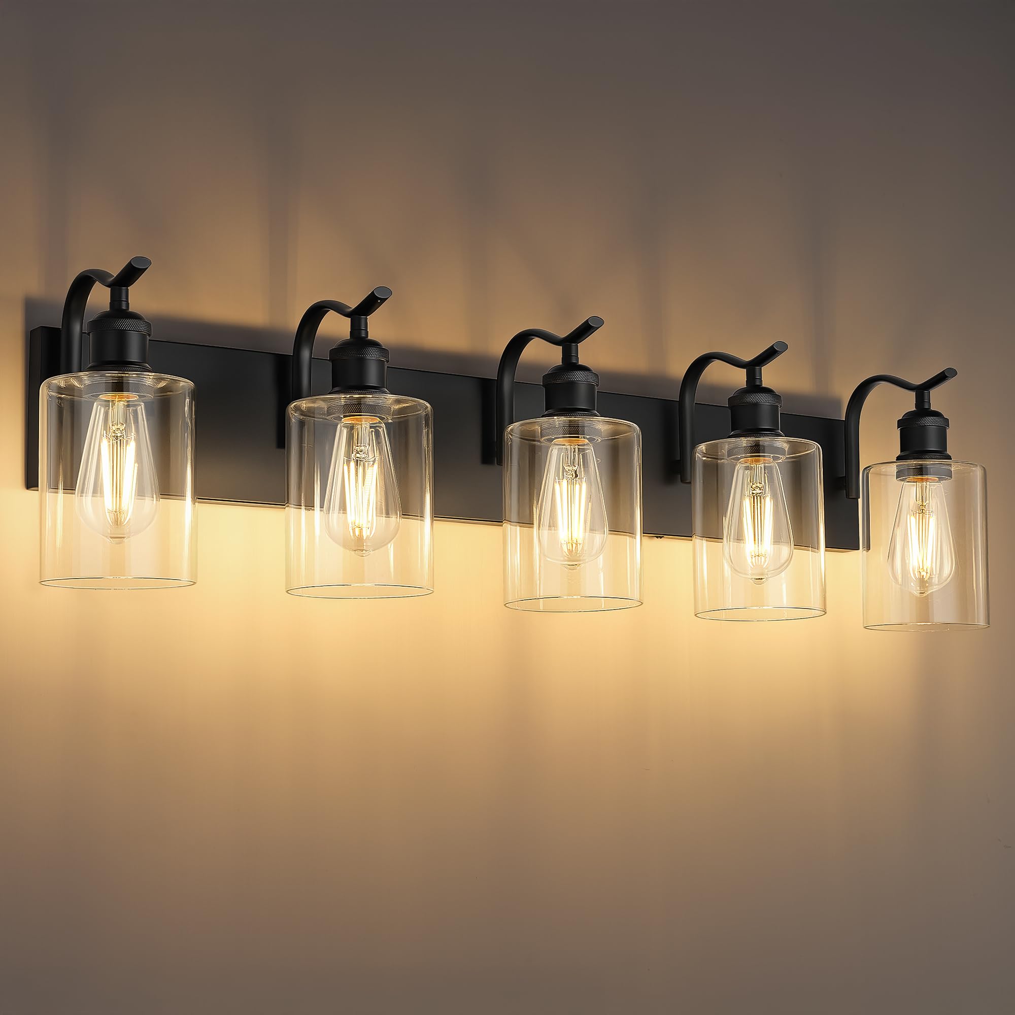 JAZAVA 5-Light Bathroom Vanity Light, Modern Black Wall Sconces with Clear Glass Shade, Model ZCVL01BK-5