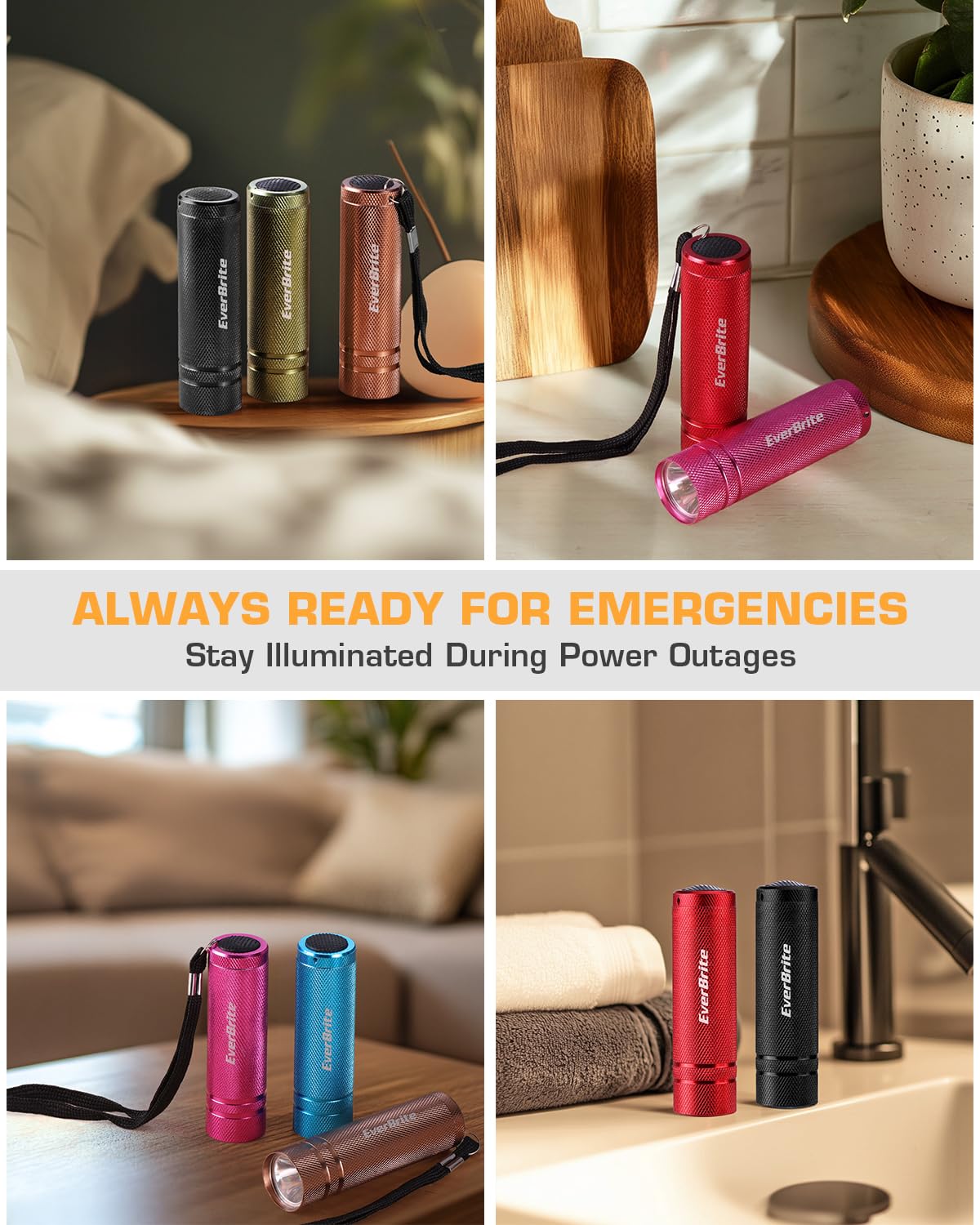 EverBrite Mini Flashlight Set - 6-Pack Aluminum LED Torches, Multicolor with Lanyards, Batteries Included for Camping & Gifts