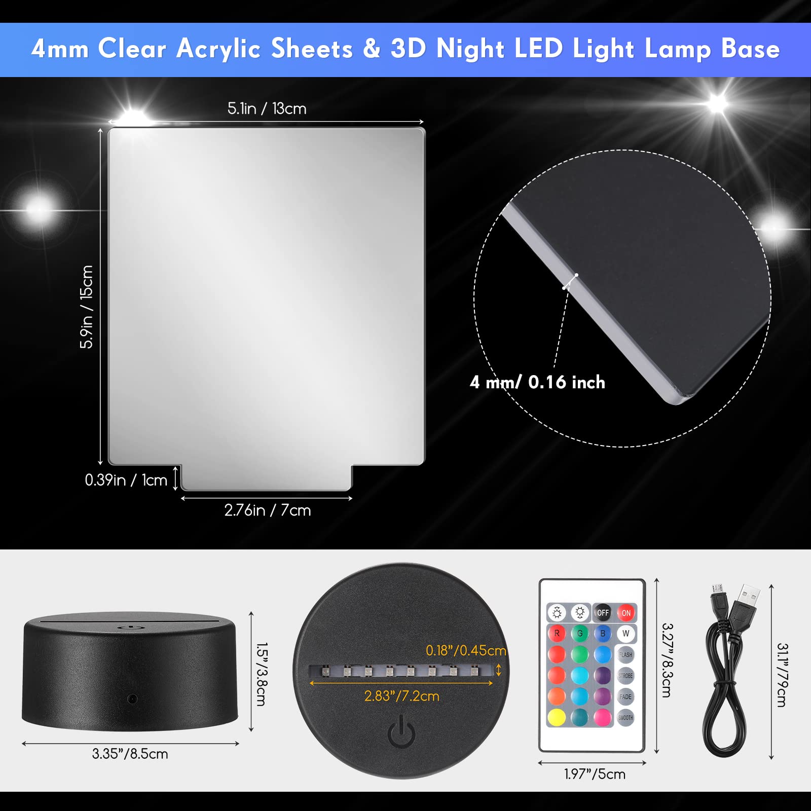 Riakrum Acrylic Lamp Base Set, 12 Clear Acrylic Sheets with 3D LED Light Base, Remote Control, USB Cable, for Restaurant Bar Cafe Decoration