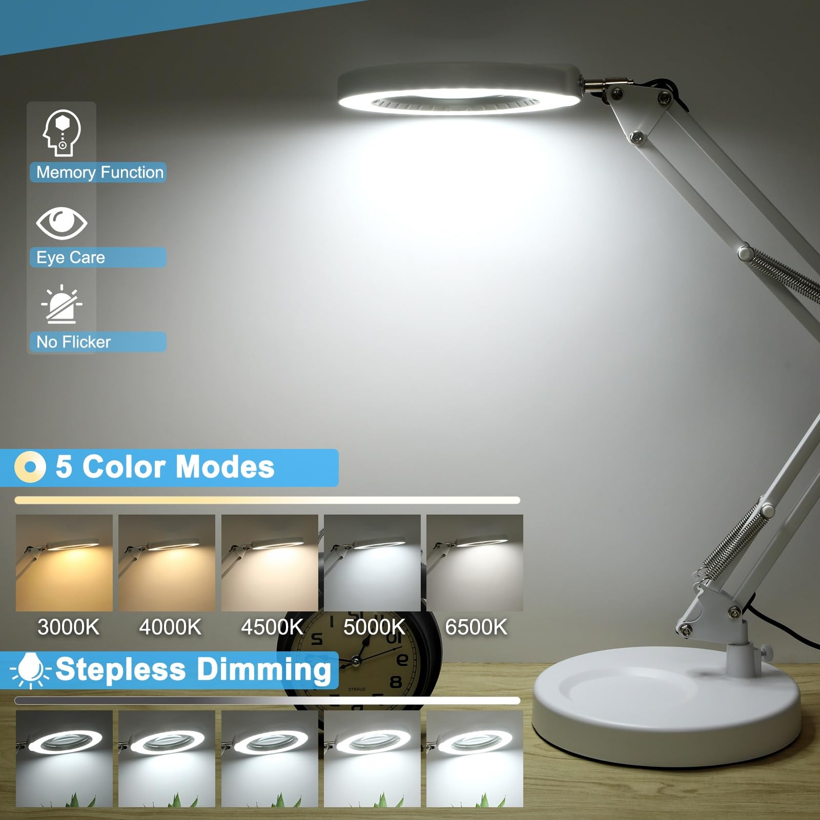 10X Magnifying Glass With Light And Stand, 5 Color Modes Stepless Dimmable 2-In-1 Lighted Magnifier With Clamp, Led Desk Lamp Ha