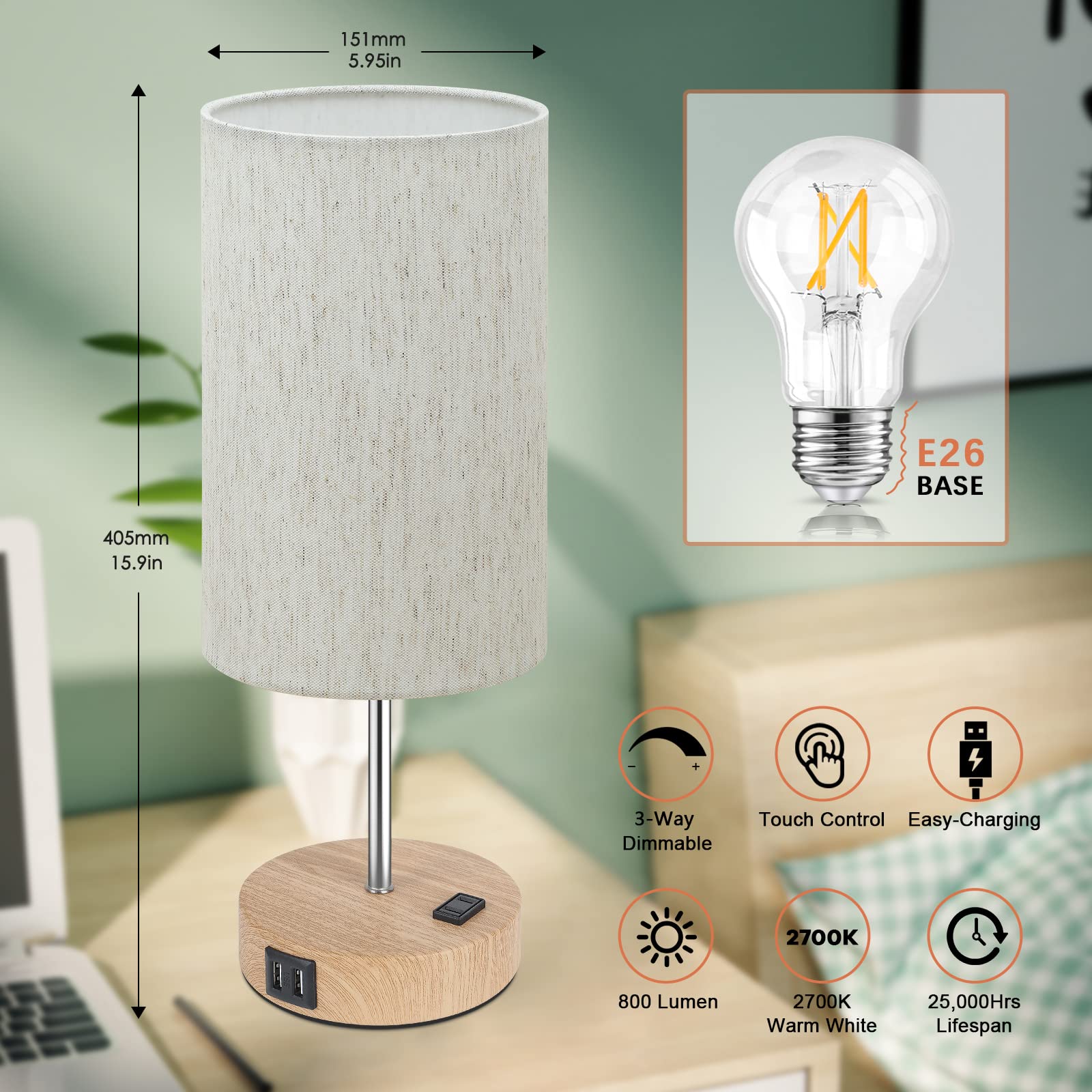 Table Lamps Set Of 2 Touch Control, 2 Usb Charging Ports&Ac Outlet, 3-Way Dimmable Bedside Nightstand Lamp With Flaxen Fabric Sh