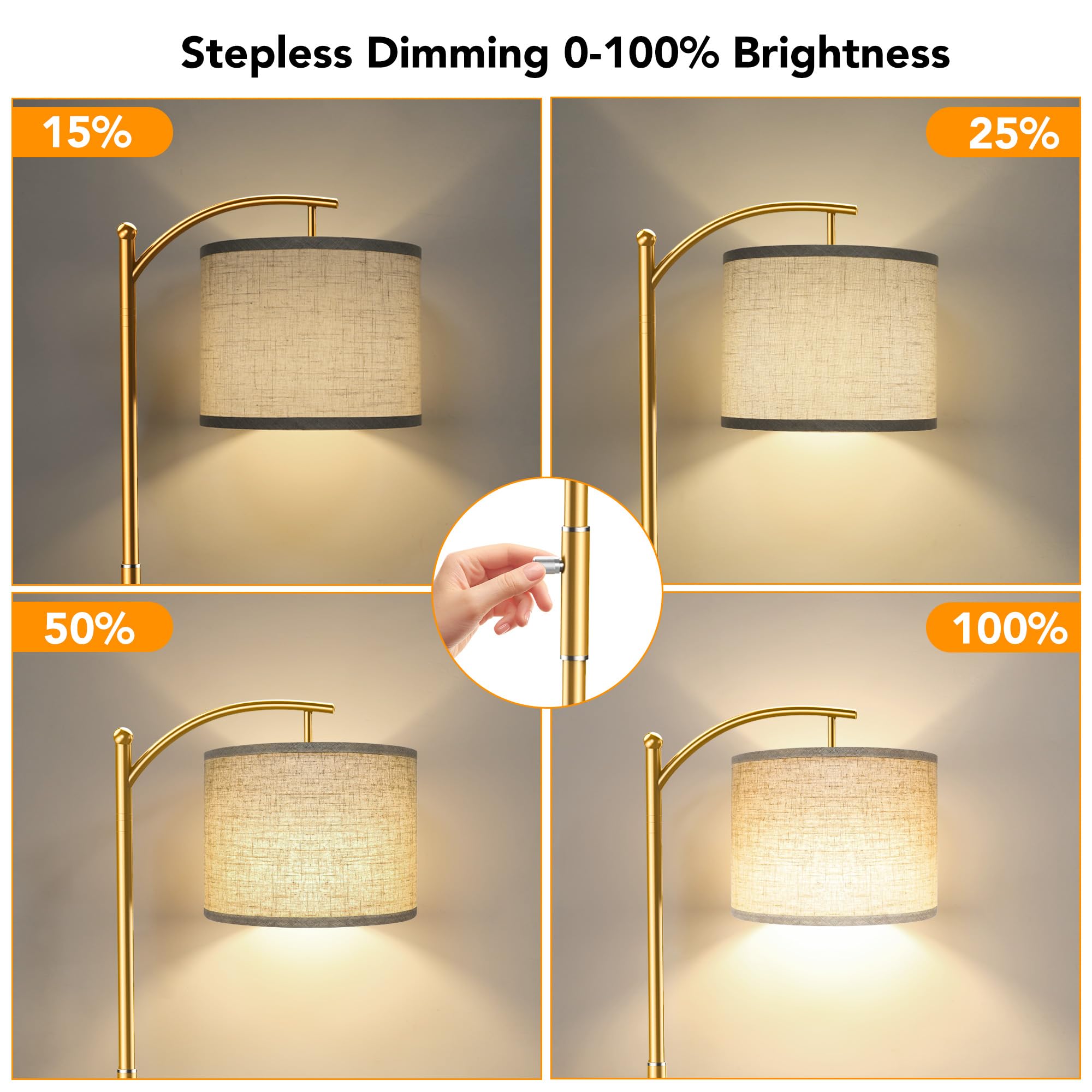 ROTTOGOON Dimmable Arc Floor Lamp, Iron, Gold, Stepless Dimming, Modern Design for Living Room, Model ROFP089AJ1