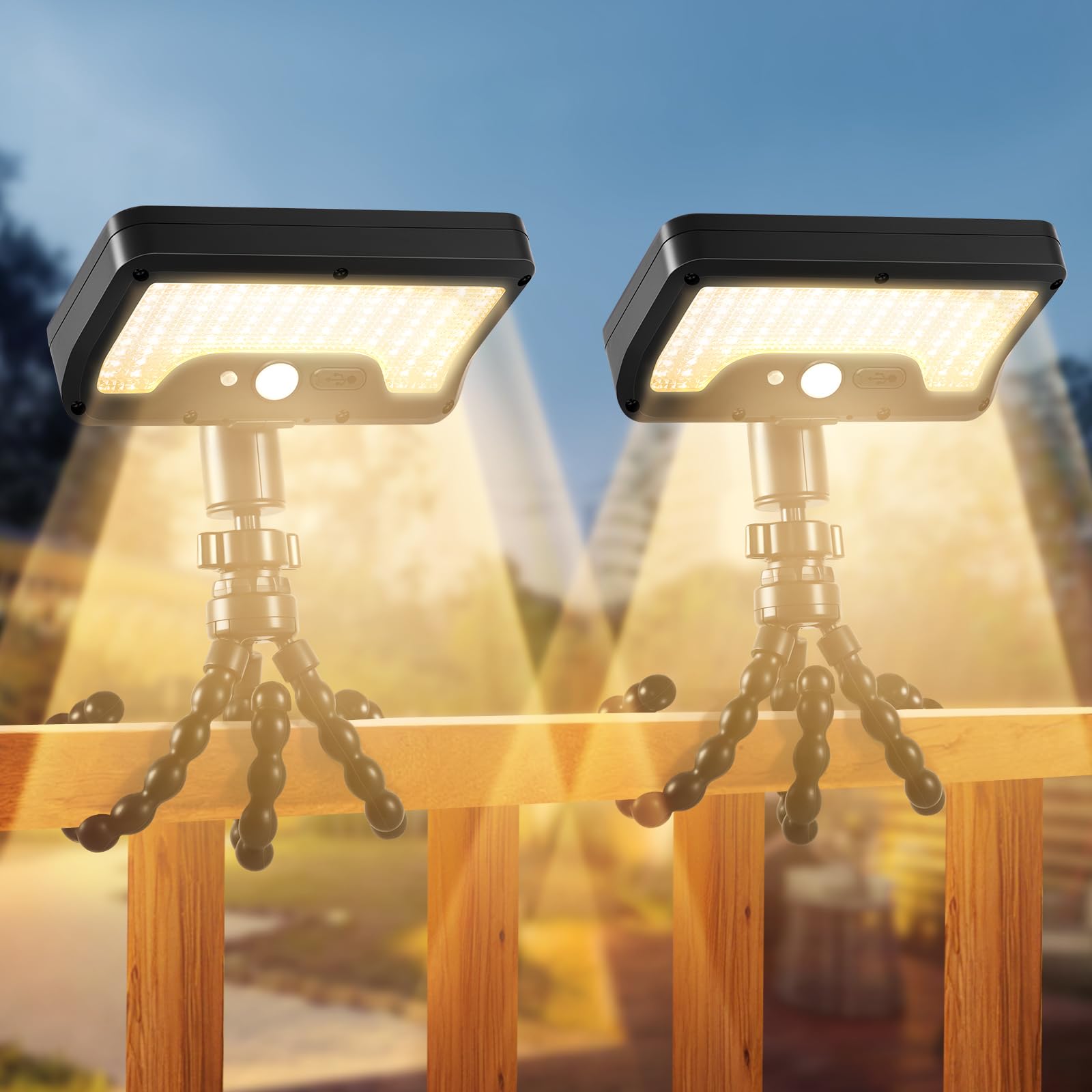 Solar Motion Lights Outdoor with Flexible Octopus Tripod  USB & Solar Powered Motion Sensor Lights with 92 LEDs  IP65 Waterproof Motion Activated Light for Fence  Camping (2 Pack  Warm Yellow)